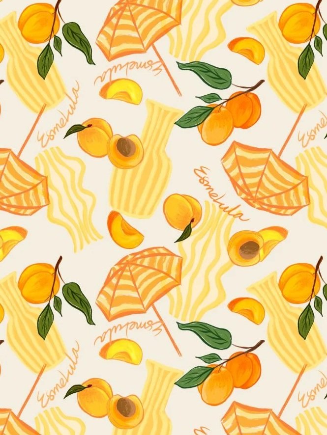 Pattern featuring peaches, peach slices, green leaves, yellow and orange-striped beach umbrellas, and wavy yellow lines on a light background.