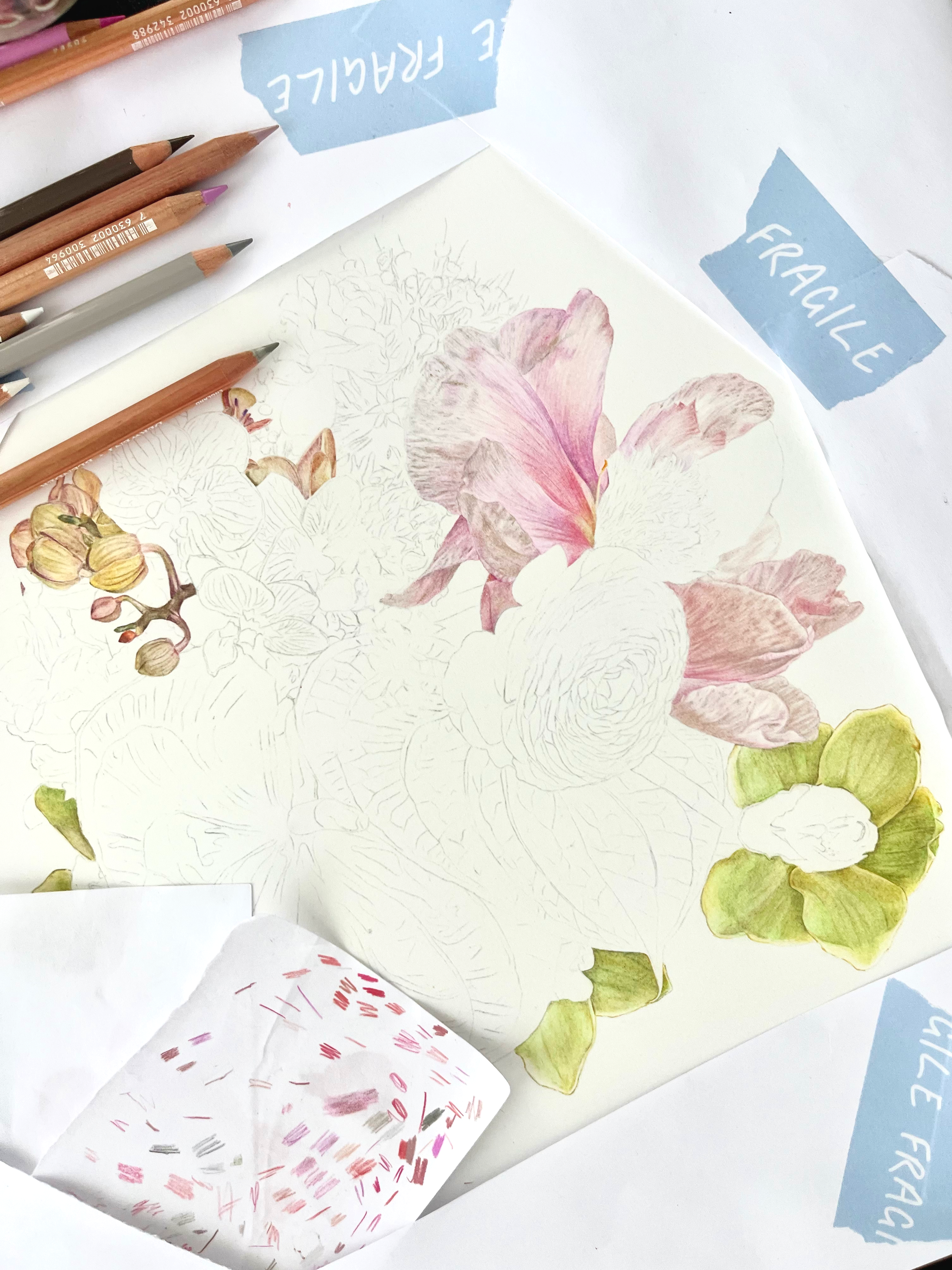 Colorful floral illustration with some smaller finger-painted review cards and a labeling sign that says "FRACTIONE" and a sign that says "FRACTIONE" in the background.
