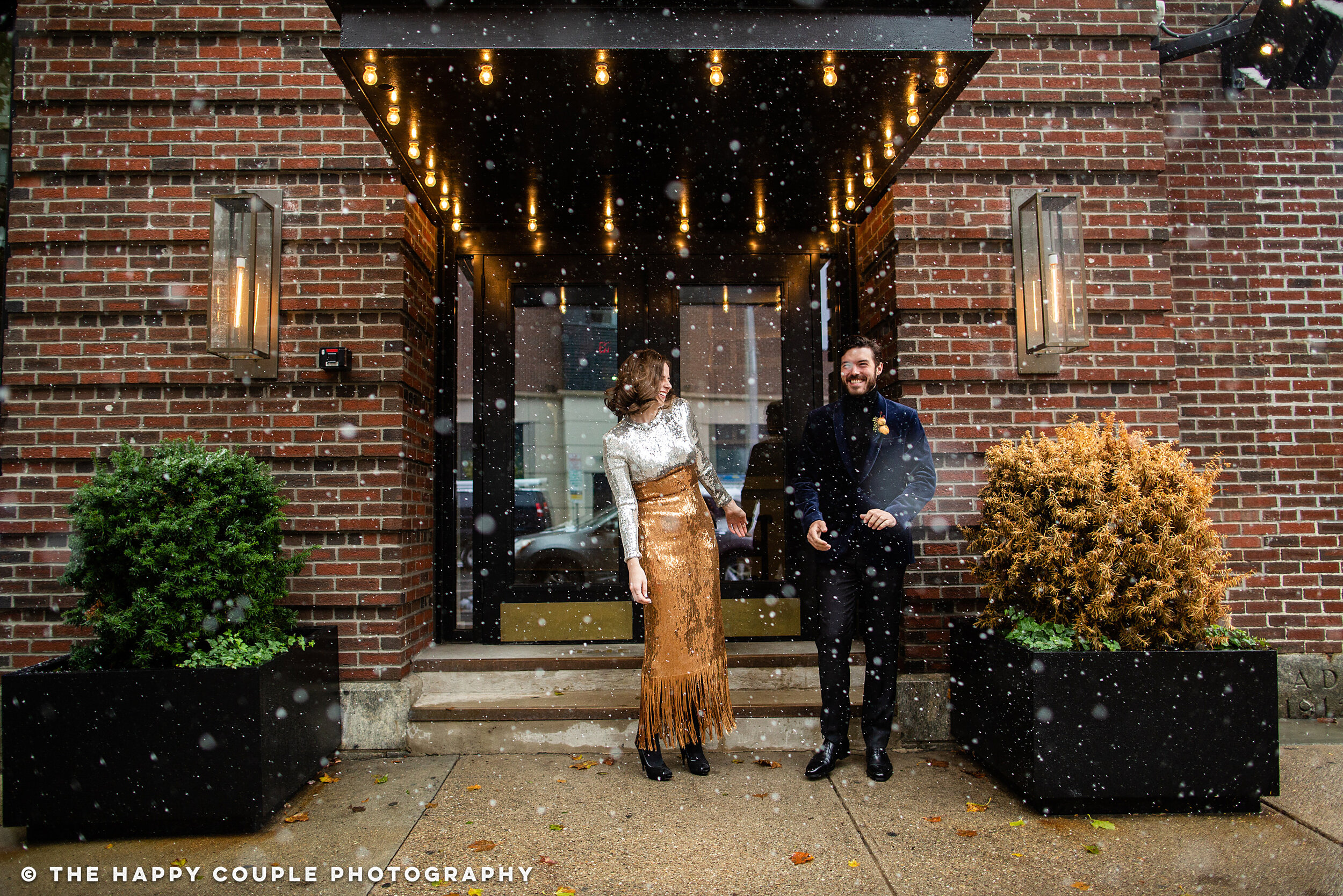 providence city hall elopement, bride and groom pose in snow
