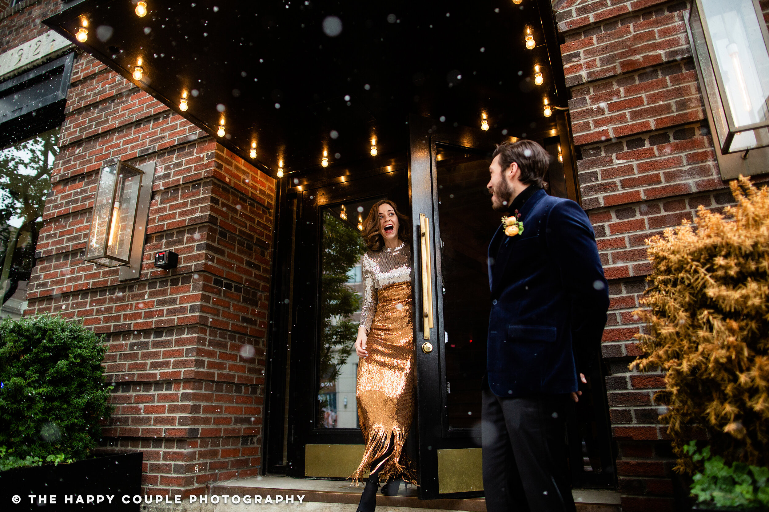 providence city hall elopement, first look outside hotel in snow