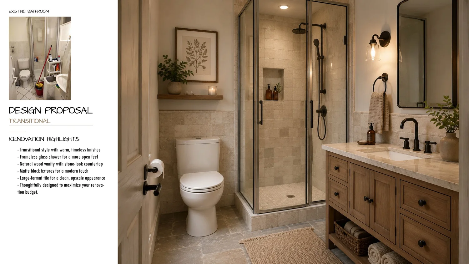 Warm Transitional Bathroom Design Preview example