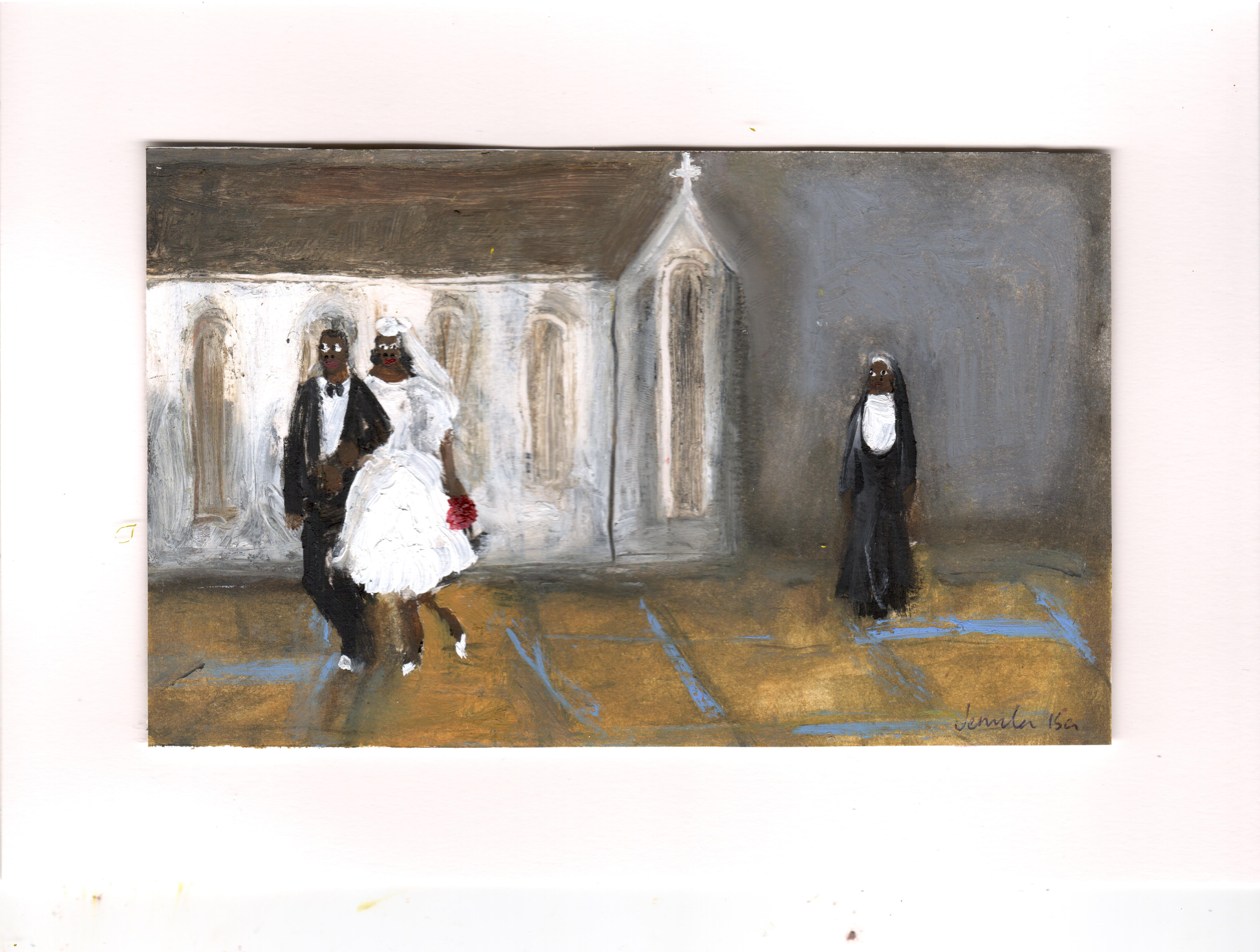 The Nun & Newlyweds, oil on paper, 9.9 x 16 cm, 2026