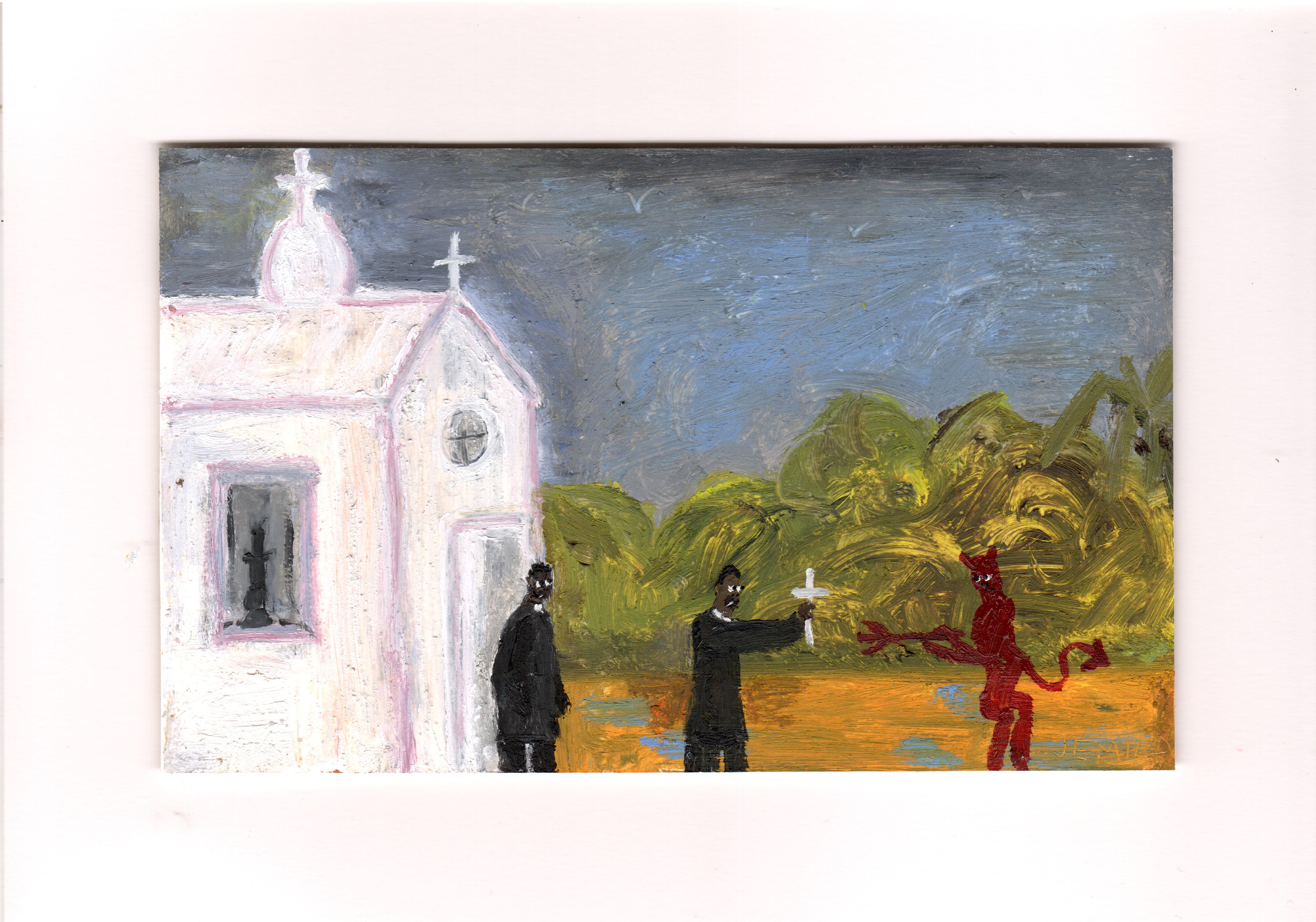 Two Holy Men and the Devil, oil on paper, 14.8 x 21 cm, 2026