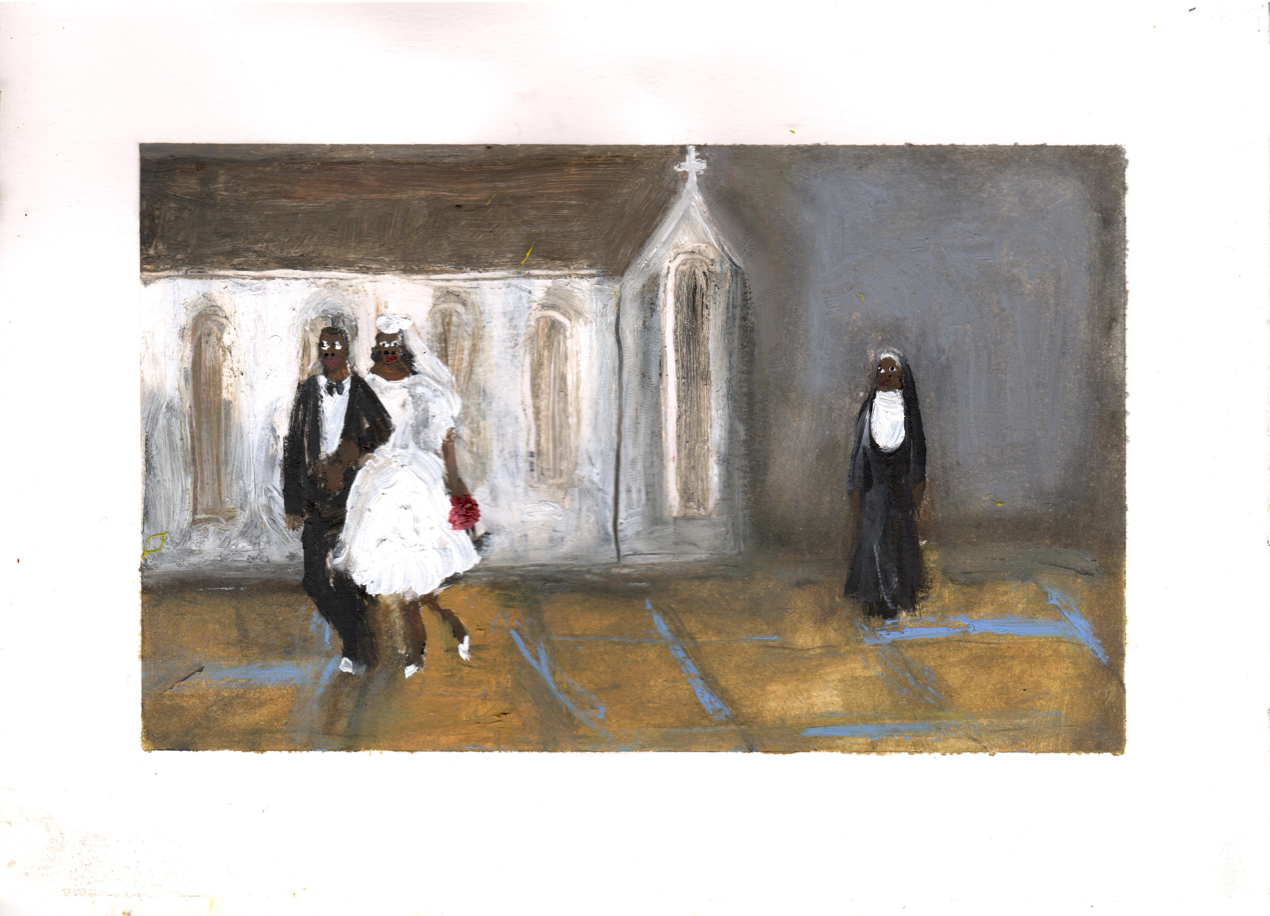 Newlyweds and the Nun, oil on paper, 14.8 x 21 cm, 2026