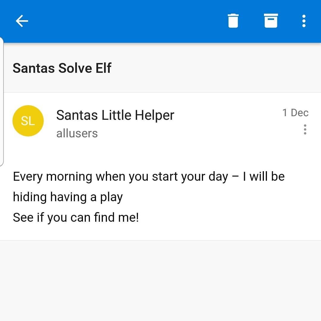 There's an intruder in our midst. 
We haven't figured out who's behind these shenanigans yet but just in case I'm going to be on my best behaviour while Santa's scout is watching.
How'd he get a company email address?

#elfonashelf #solveca #accounta