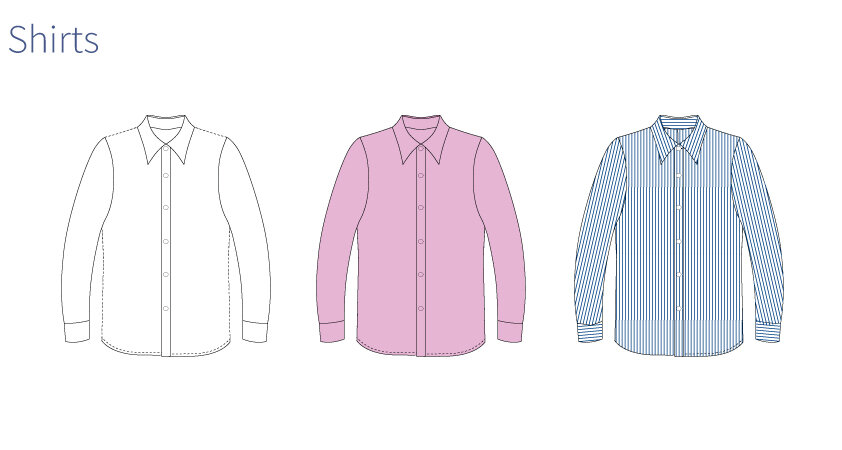  line drawing of custom school shirts, a white school shirt, pink school shirt and striped blue shirt  