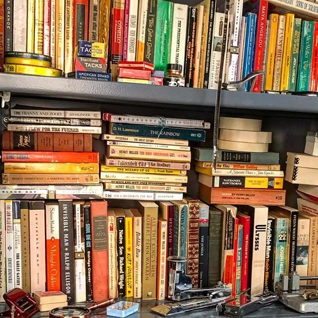 The bookshelf in @markdionstudio &lsquo;s &lsquo;Bureau of Censorship&rsquo; looks like my bedside bookshelf and master&rsquo;s degree had a love child #frannyandzooey #thesunalsorises #midnightschildren #ulysses #bridesheadrevisited