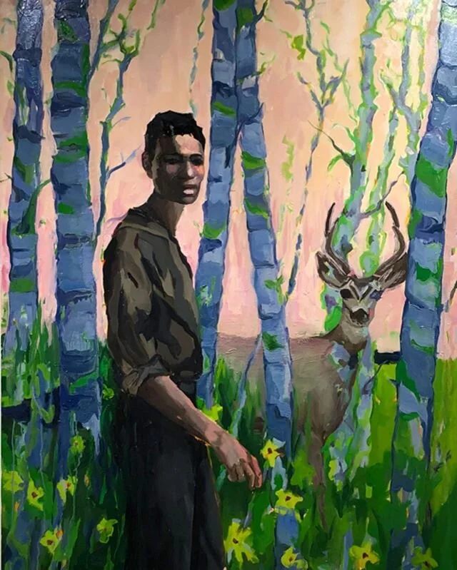 Arresting, allegorical painting &ldquo;Be Kind to Yourself&rdquo; by @ruthowensart . As king of the forest, the stag evokes associations with nobility, harmony with nature, and also hunting. Who (if anyone) is the hunted? It&rsquo;s a subtly powerful