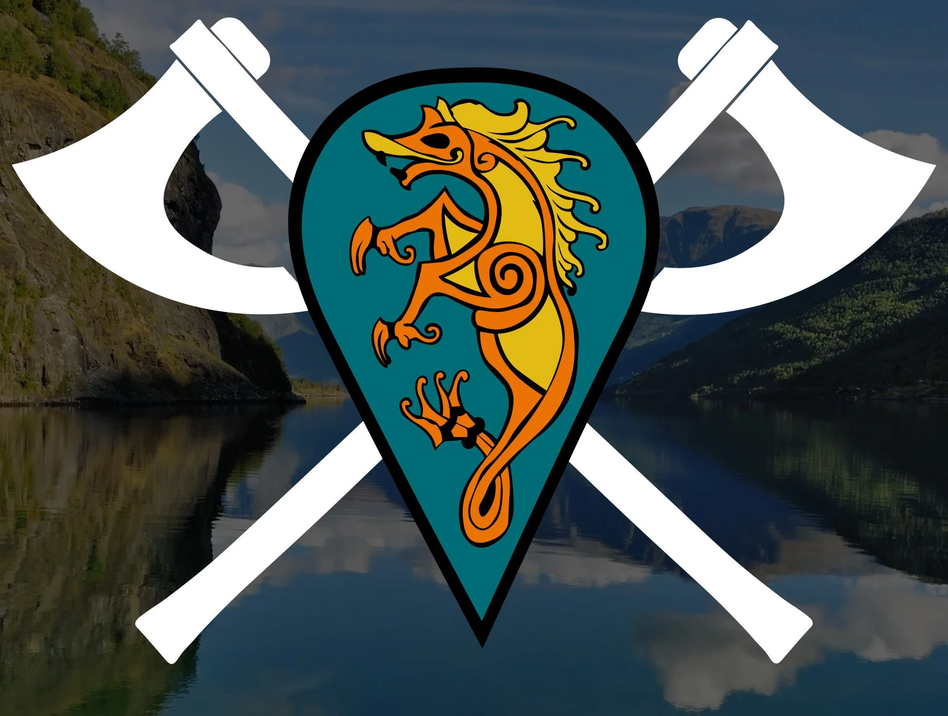 An emblem featuring a stylized orange and yellow dragon within a teardrop shape, overlaid on a landscape with a river, hills, and mountains under a cloudy sky, with white crossed axes in the background.