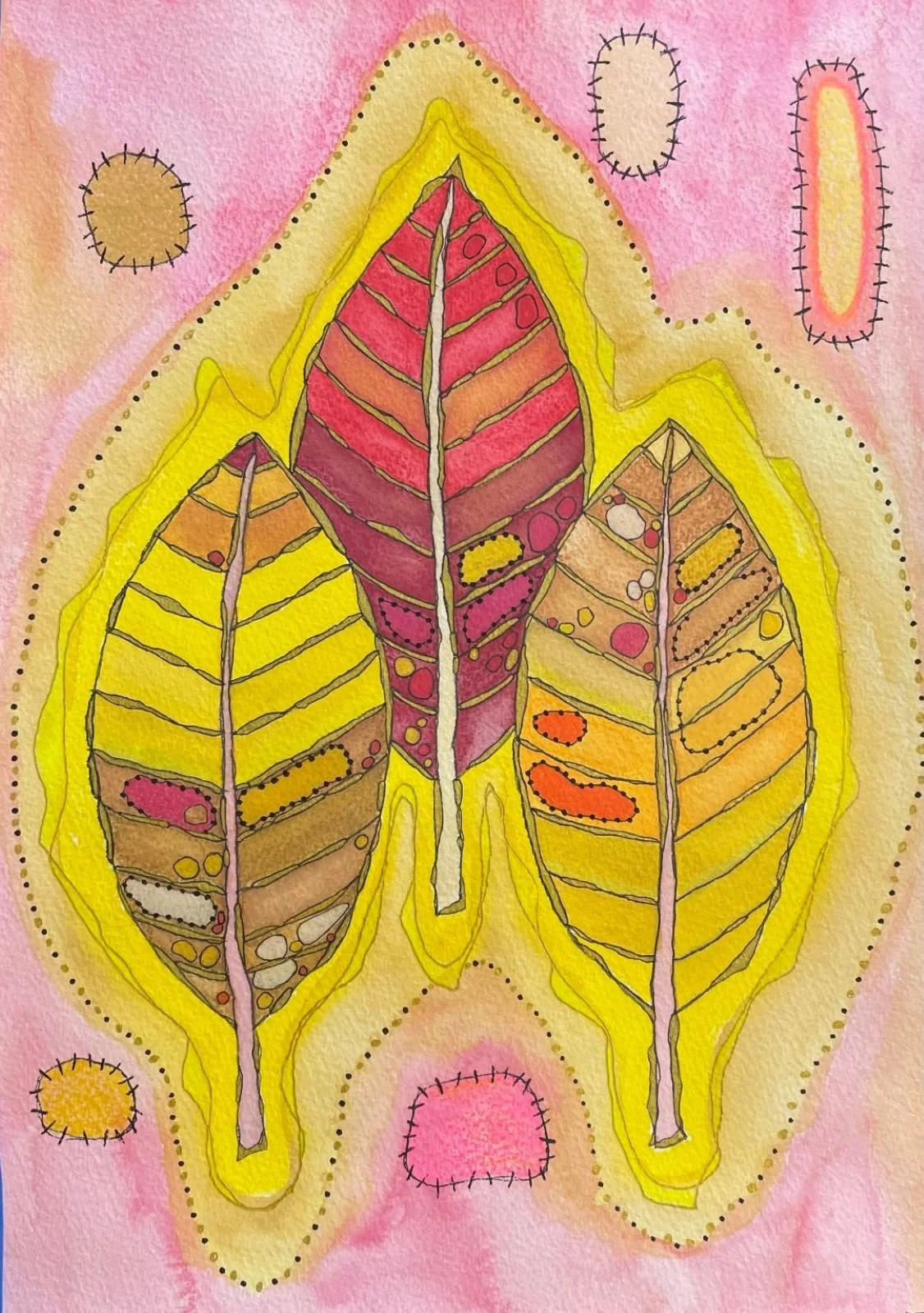 Leaf Glow: Triplet -- 14x18 Mixed Media Framed in Wood (Painted Gold) $450
