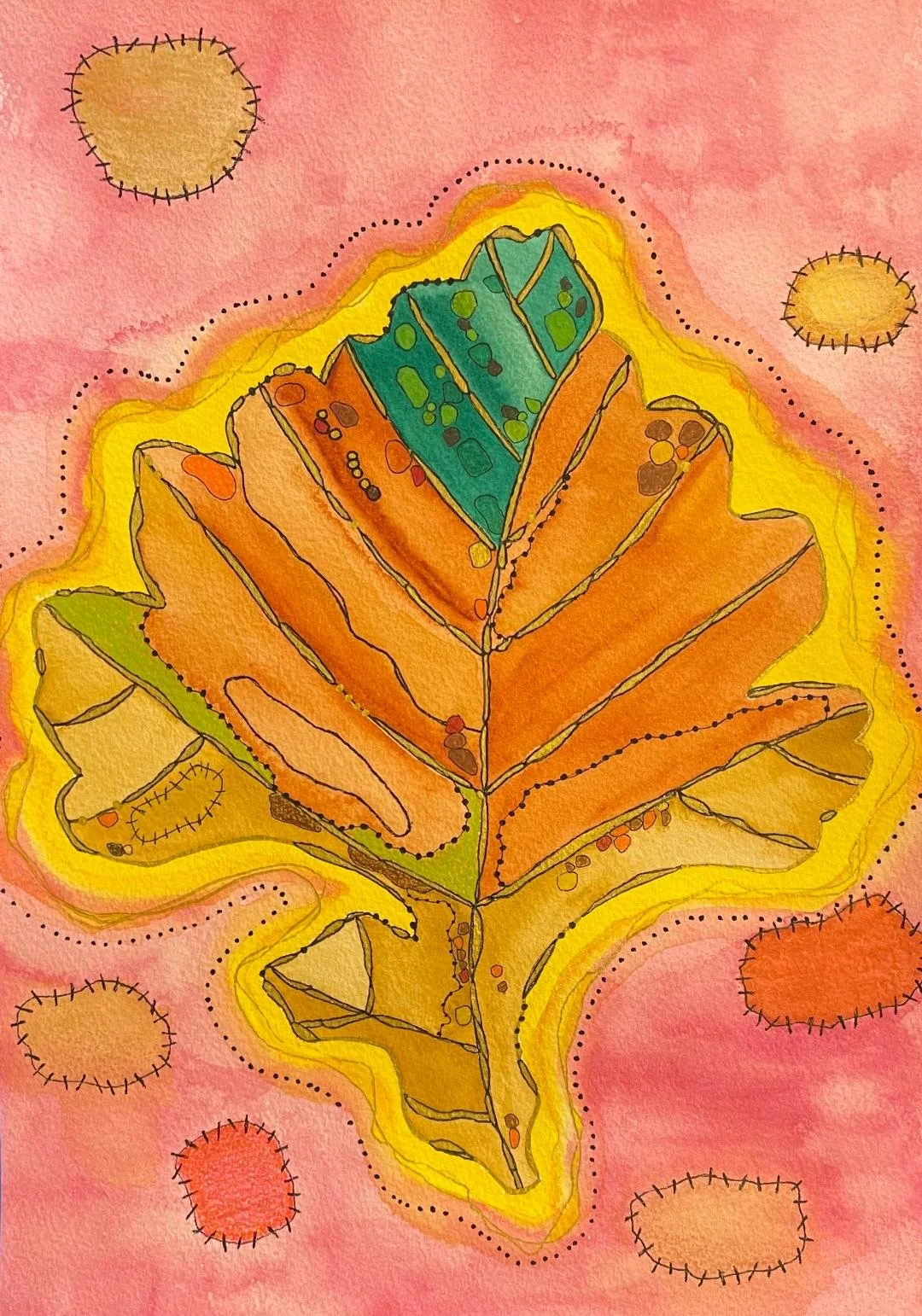 Leaf Glow: Oak 2 -- 14x18 Mixed Media Framed in Wood (Painted Gold) $400