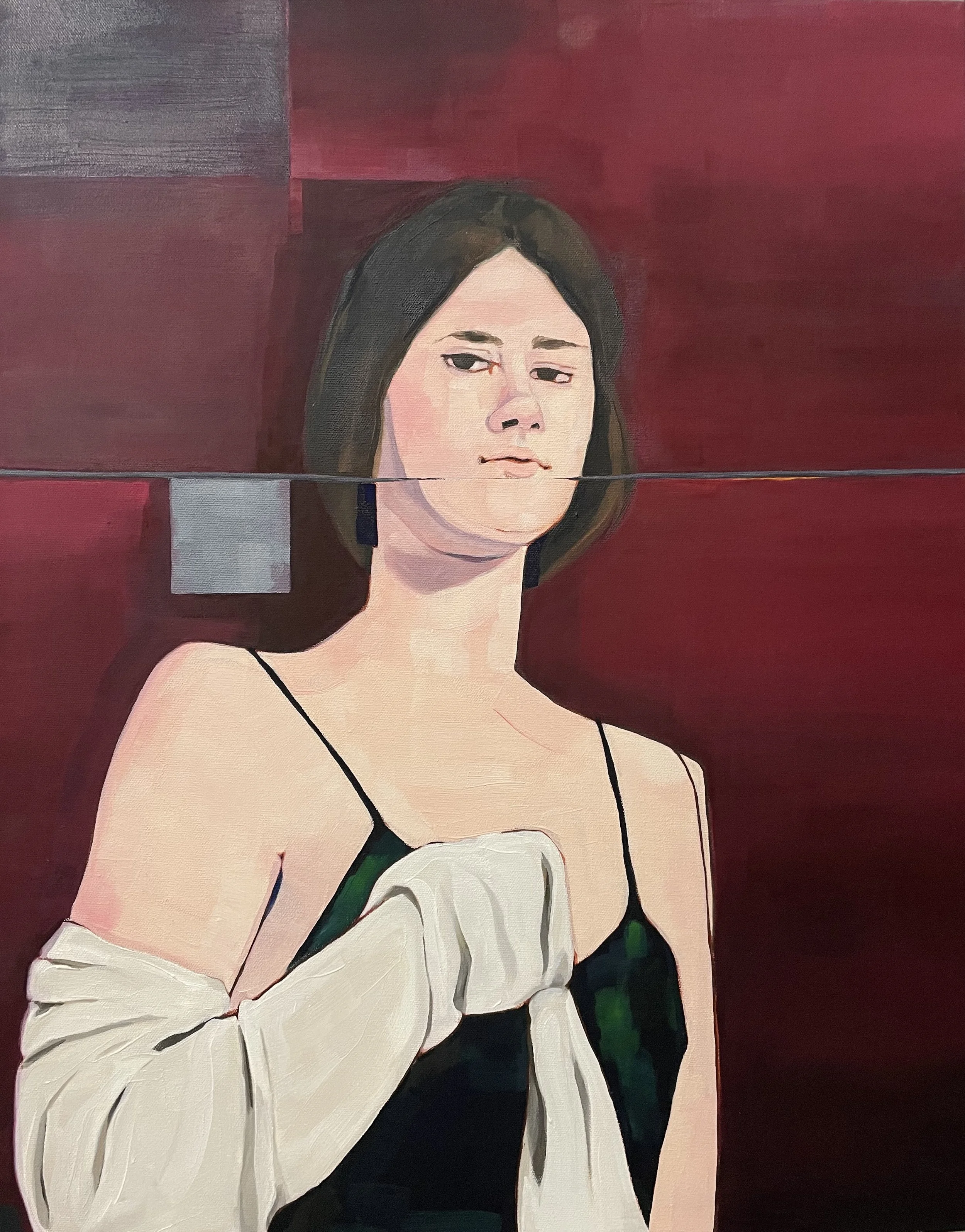 Young Woman, Late at Night, in Frightening Hallway with Electric Box 28 x 22 Oil on Canvas $750