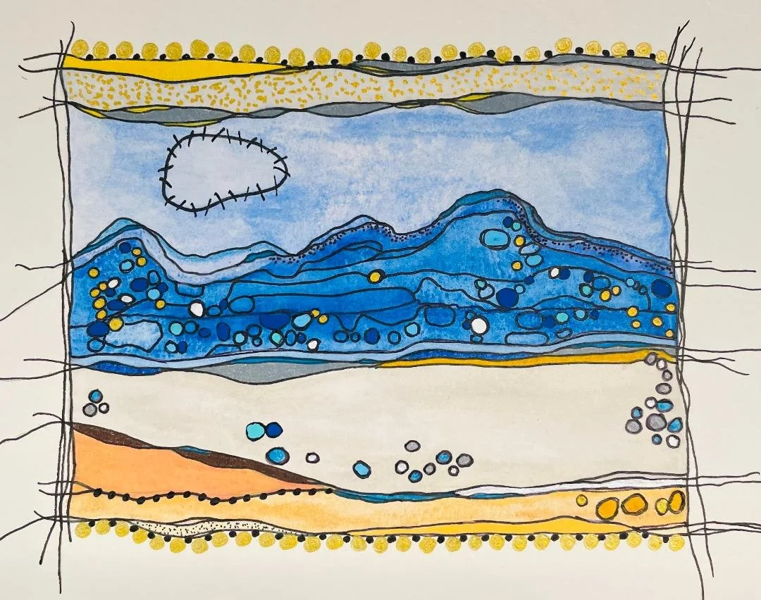 Cellular Healing Blanket: Sand & Sky 11 X 10 Watercolor Pencils, Colored Pencils, Acrylic, Ink on Paper $165 (Framed in Matte Black Metal with white archival mat)