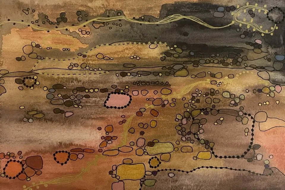 Cellular Healing Landscape -- Earth, Sand, Stone 4.5 x 6.5 Watercolor pencils, colored pencils, micron pens, acrylic paint pens on watercolor paper (Matted, Unframed) $150