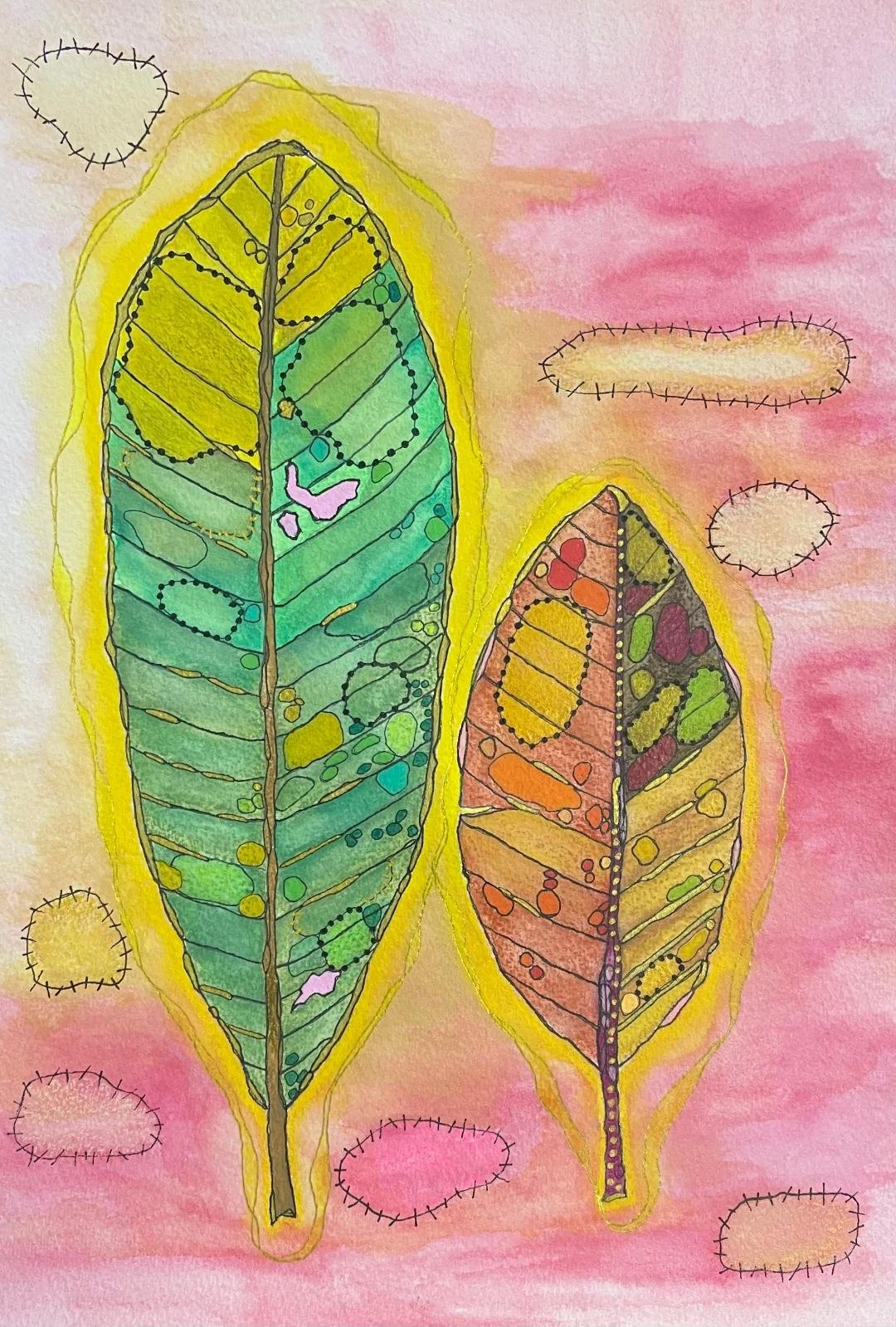 Leaf Glow: Duet -- 14x18 Mixed Media Framed in Wood (Painted Gold) $450