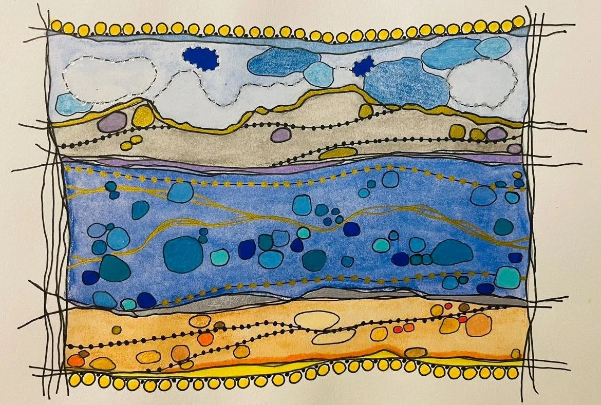 Cellular Healing Blanket: Sand & Sky 11 X 10 Watercolor Pencils, Colored Pencils, Acrylic, Ink on Paper $165 (Framed in Matte Black Metal with white archival mat)