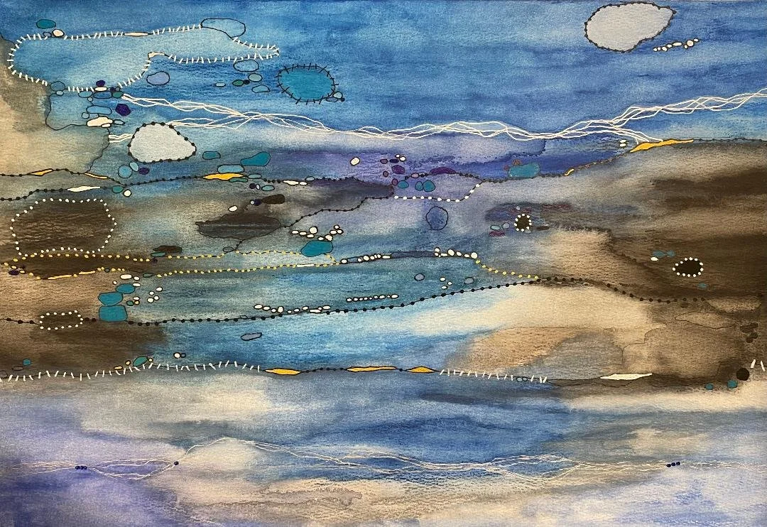 At Home in the Midnight Sky 17x23 Mixed Media $450 Framed in Black Metal