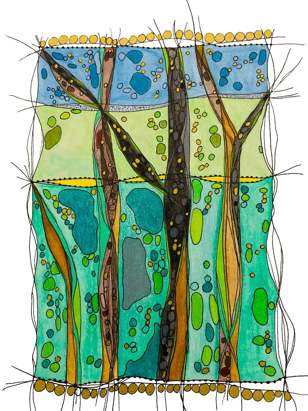 Cellular Healing Blanket: Forest Flow 15.25h X 13.25w Watercolor Pencils, Colored Pencils, Paint Pens, Ink & Graphite on Watercolor Paper $500