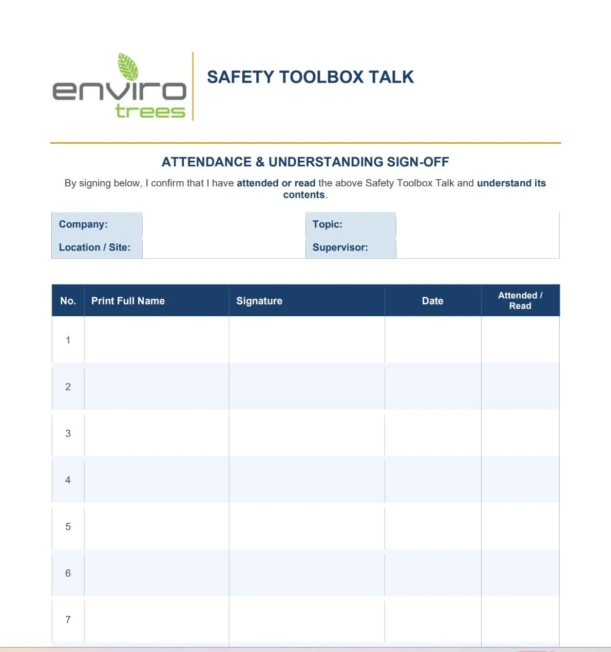 TOOLBOX TALK sign-off sheet