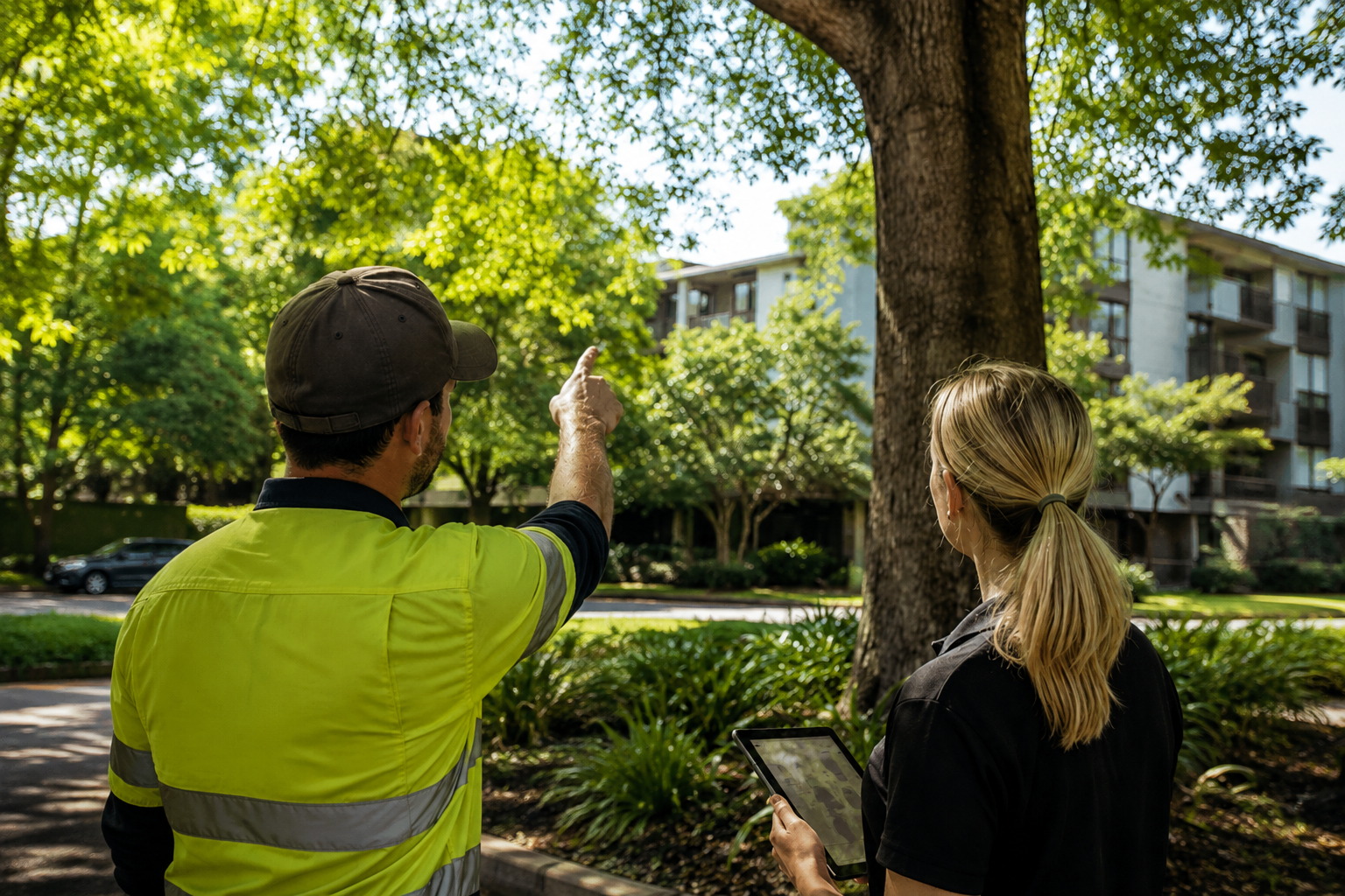 Arborist and property manager inspecting a large tree near a residential building.