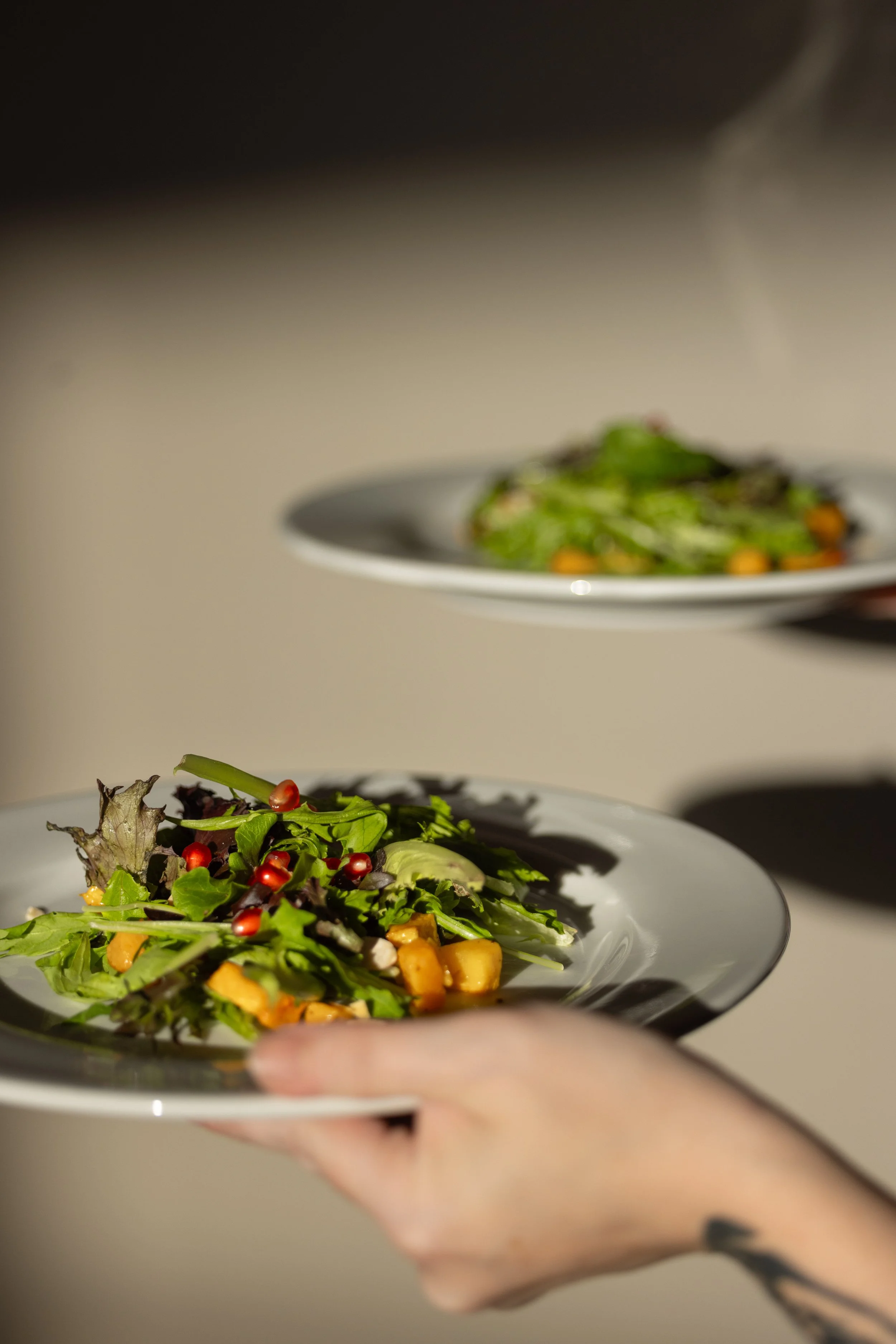 A person holding a bowl of mixed greens salad with pomegranate seeds and chopped vegetables in a white plate, with the focus on the salad and the person's hand, against a plain background.