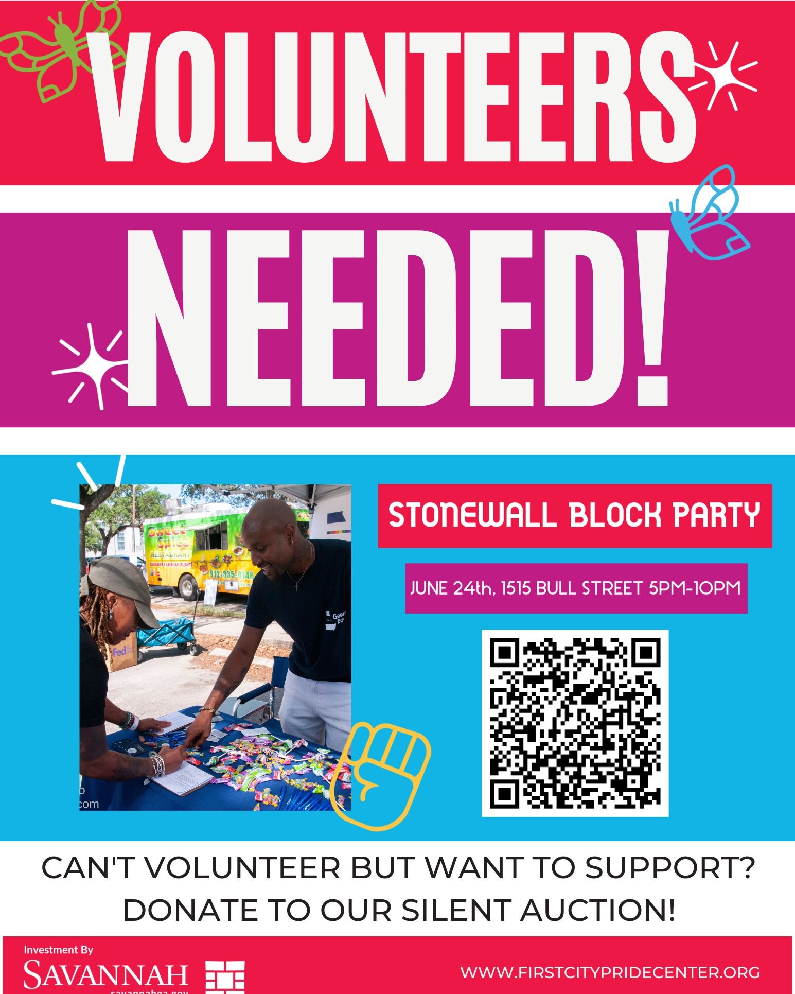 Did you know our events are 99% volunteer run? We have an amazing supportive community in Savannah! If you want to contribute to the success of our block party, apply for a volunteer shift online at the Stonewall Block Party button at the link in our