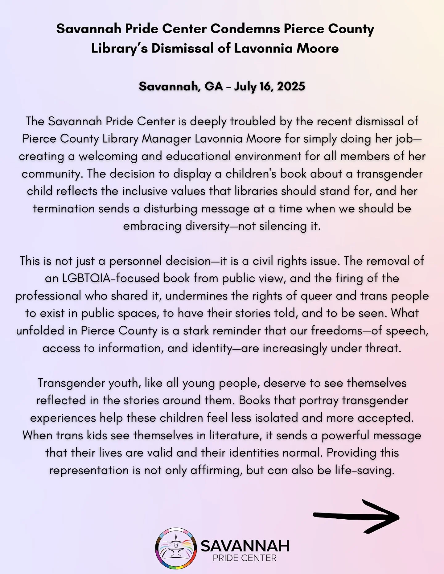 On the recent dismissal of Pierce County Library Manager Lavonnia Moore for simply doing her job&mdash;creating a welcoming and educational environment for all members of her community.