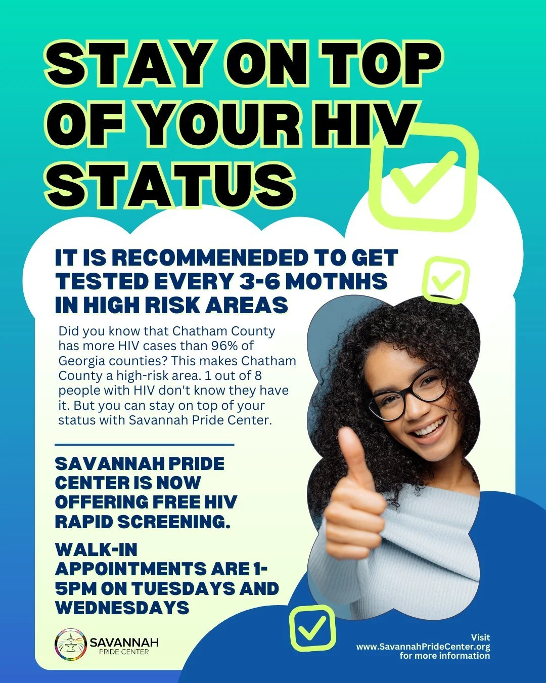 Did you know that Georgia has the highest annual rate of new HIV cases in the country? 
Chatham County in particular is a high-risk area for HIV cases, with our county accounting for more than 96% of all HIV cases here in Georgia! 1 in 8 people with 