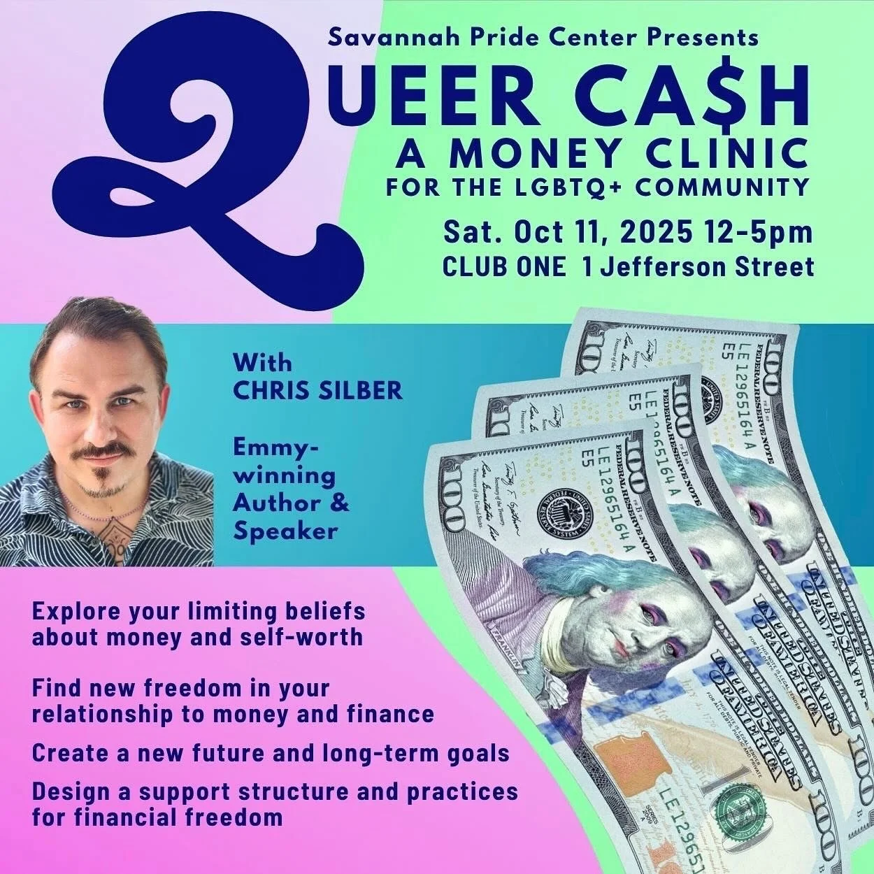 Explore your beliefs about money and self worth! Find new freedom in your relationship to money and finance with us at Club One from 12pm-5pm.