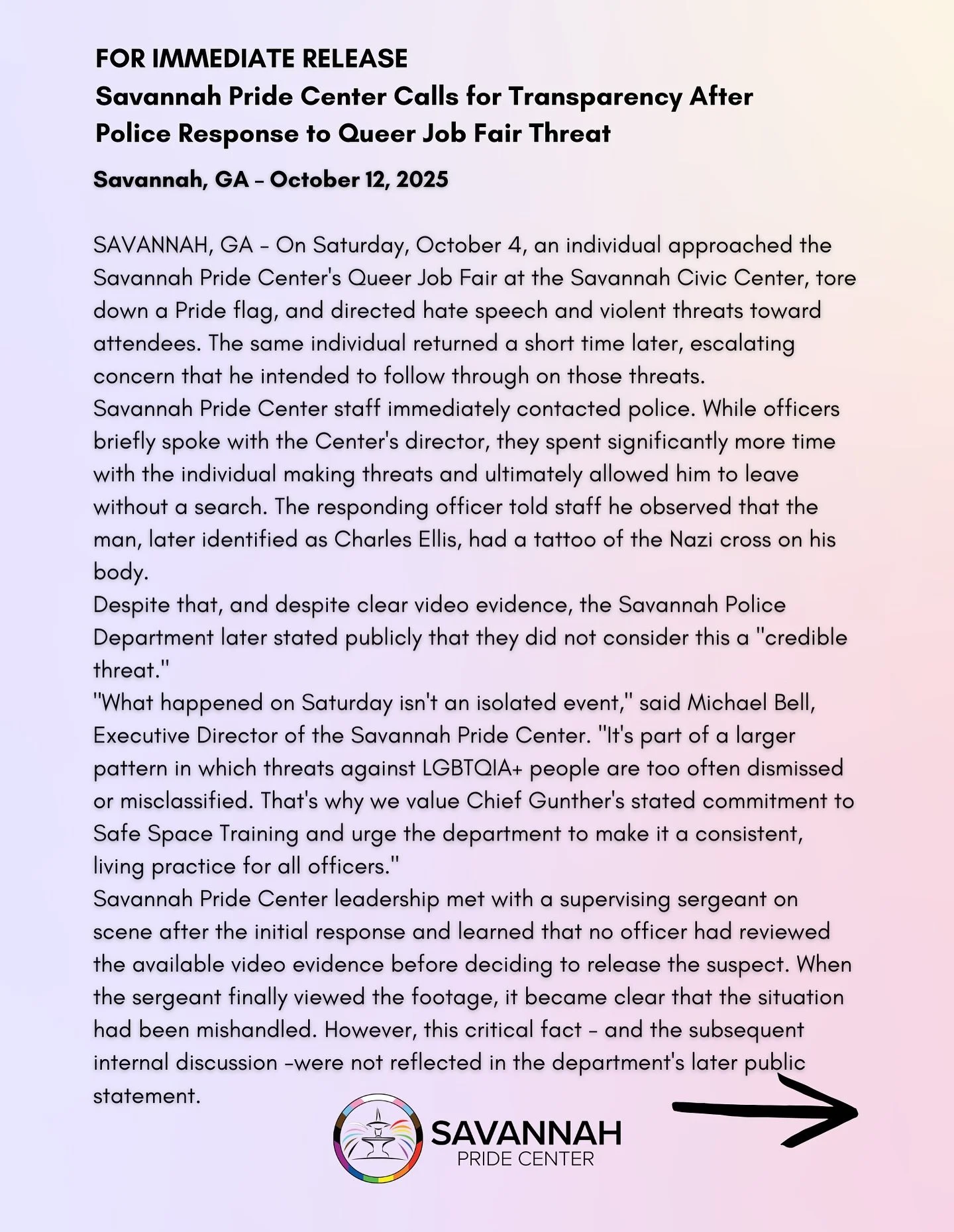 More on the incident at our Queer Job Fair on October 4th. What happened on Saturday isn&rsquo;t an isolated event. It is part of a larger pattern in which threats against LGBTQIA+ people are too often dismissed or misclassified.