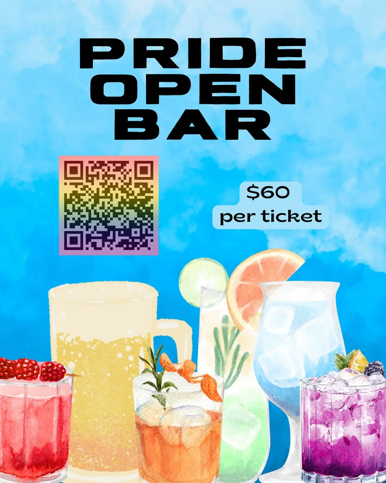 Enjoy an open bar at Pride! Our Patrons of Pride Pass  includes alcoholic drinks, mocktails, soda, and water! Tickets are $60 per person. Scan the QR code or click the link in our bio!