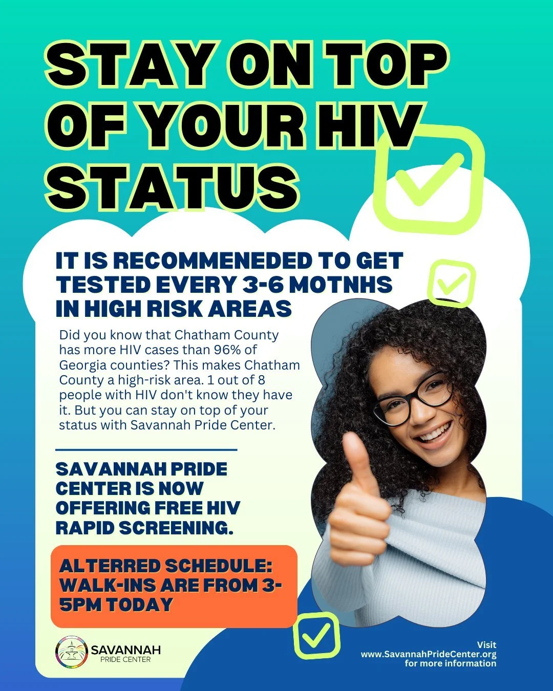 Hello, All! I hope your new year is starting off strong. 💪

This post is in regard to some important scheduling changes for HIV Testing. Today, HIV Testing Walk-Ins are from 3PM to 5PM. Also, going forward, Testing will occur on Mondays and Wednesda