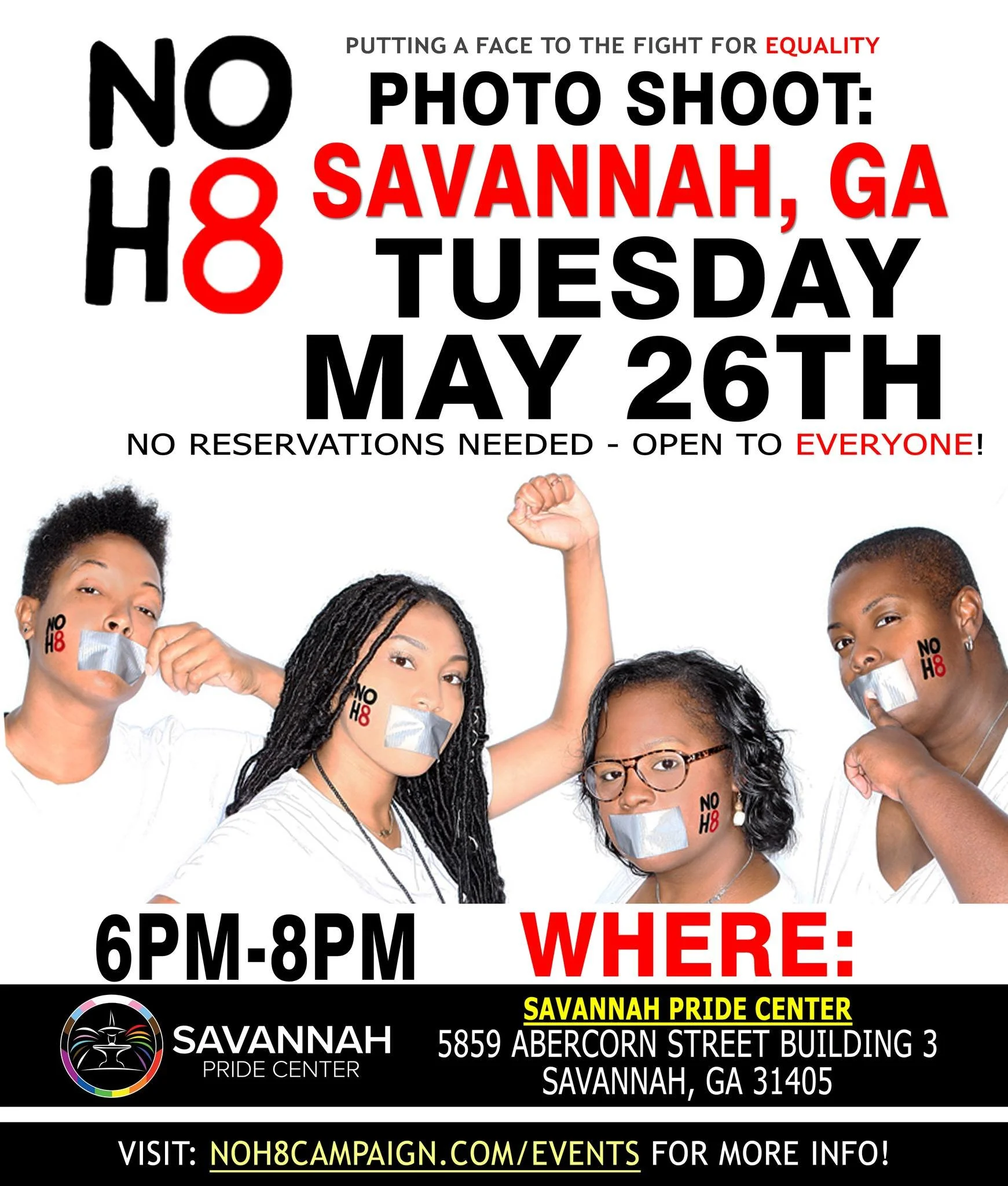 Save the date!

The #NOH8 Campaign is coming to Savannah! Take part in the photoshoot, protesting against the silencing of voices and promoting a world of love for all and universal acceptance. Join over 50,000 others across the globe in putting a fa