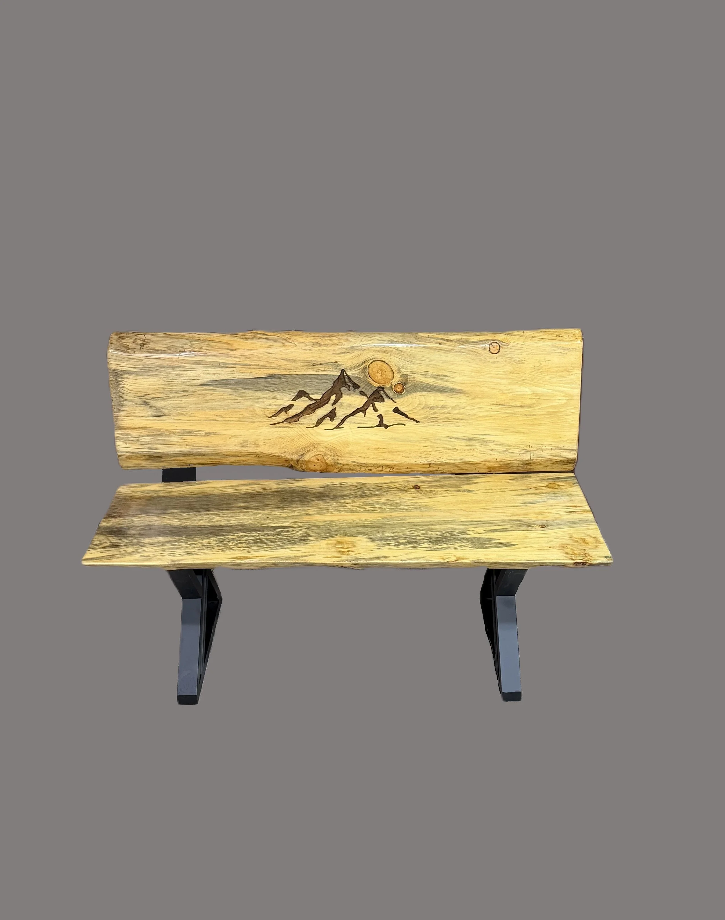 Blue Pine Live Edge Bench with Epoxy Mountain Scene in Backrest