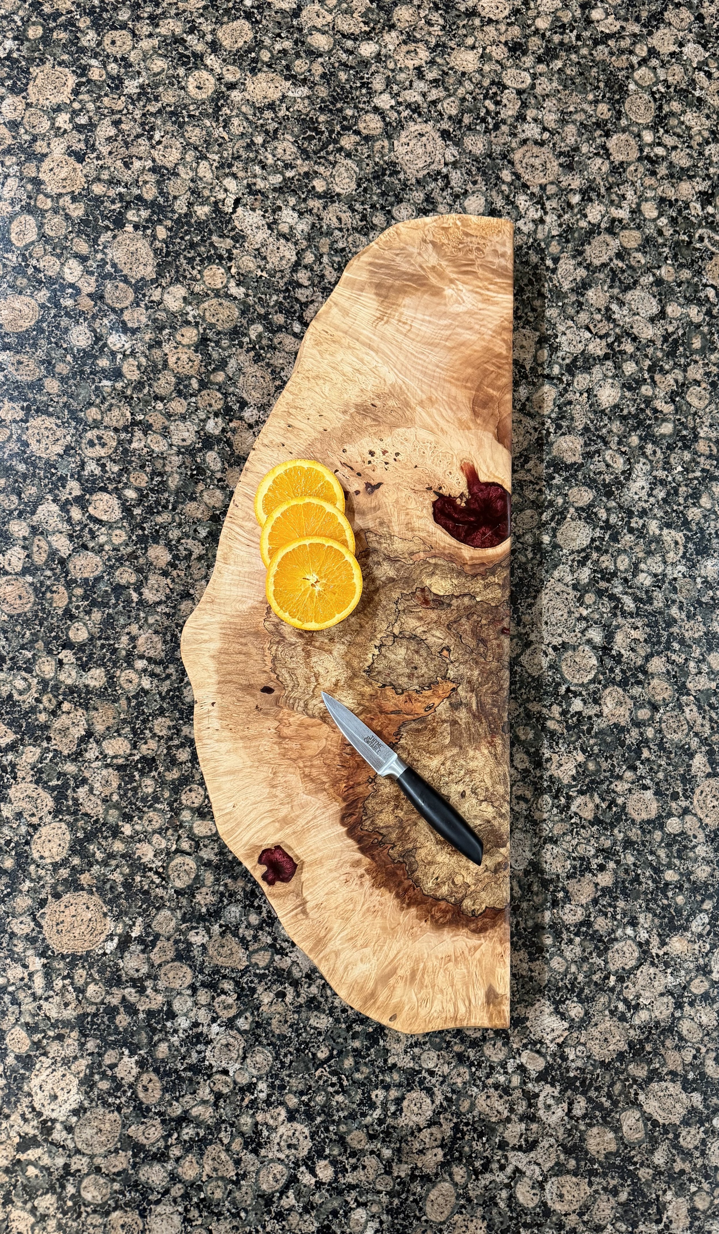 Big Leaf Maple Live Edge Cutting/Charcuterie Board with Burgundy and Mahogany Epoxy Inserts