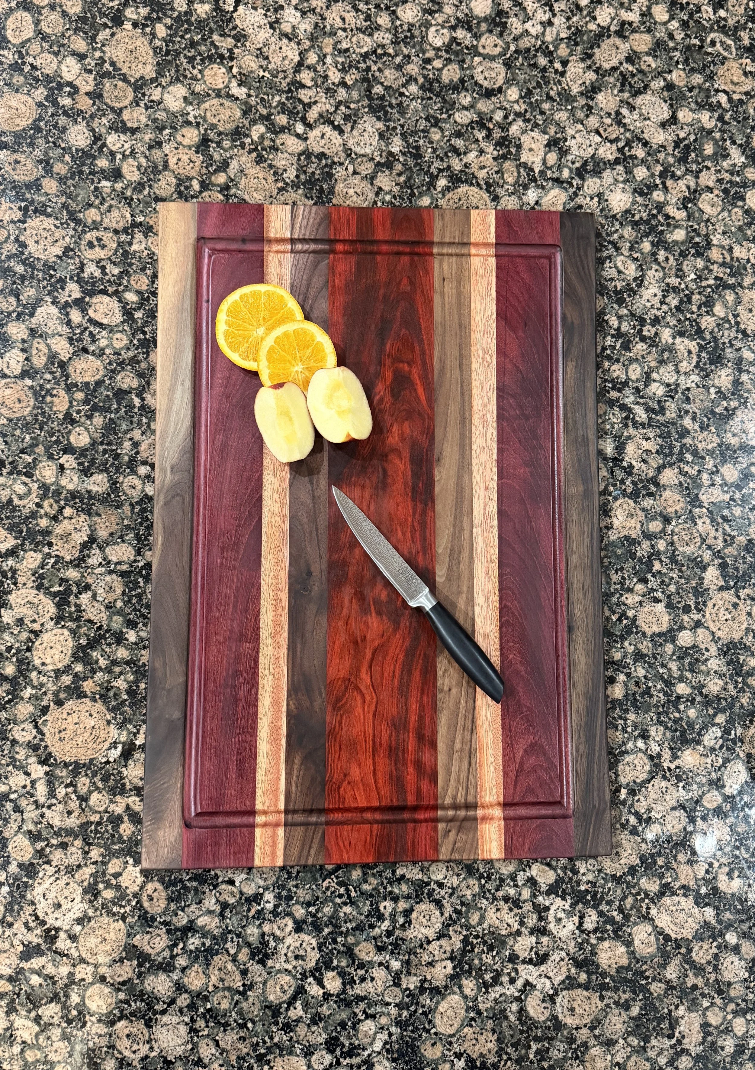 Exotic Purpleheart, African Mahogany, Redheart and Walnut Cutting/Charcuterie Board with Juice Groove