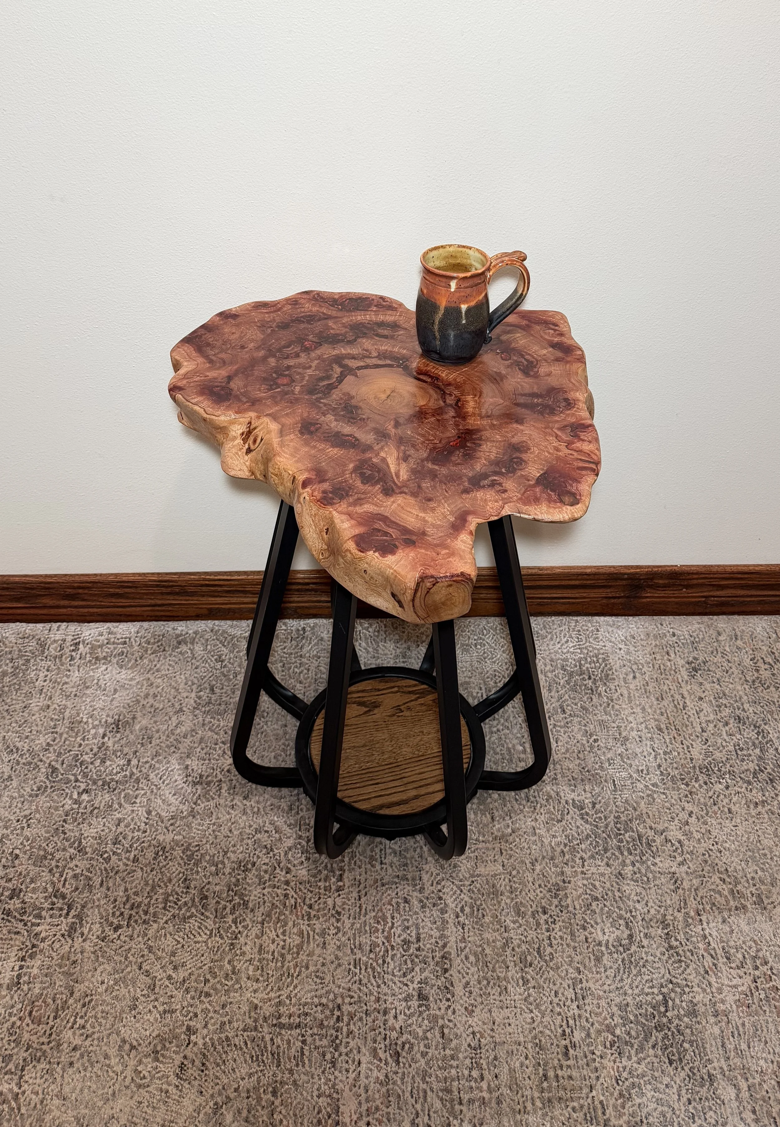 Live Edge Madrone End/Side/Snack Table with Oak Shelf, Rusty Epoxy Inserts and Curved Black Metal Frame