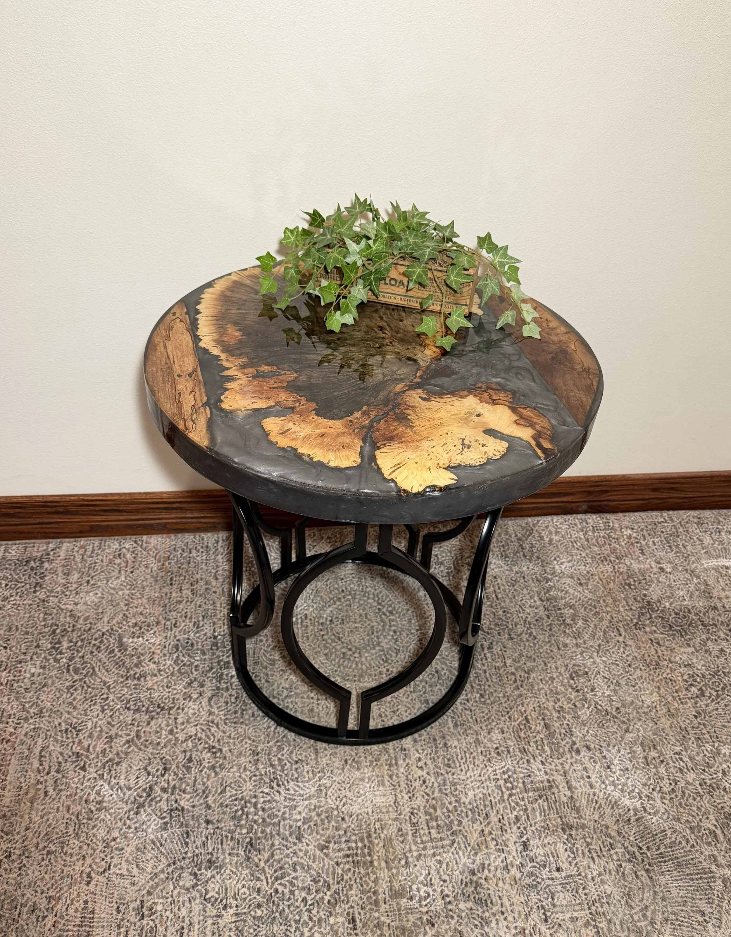 Buckeye and Spalted Maple End/Side/Snack Table with Gray Epoxy Inserts and Round Black Metal Frame