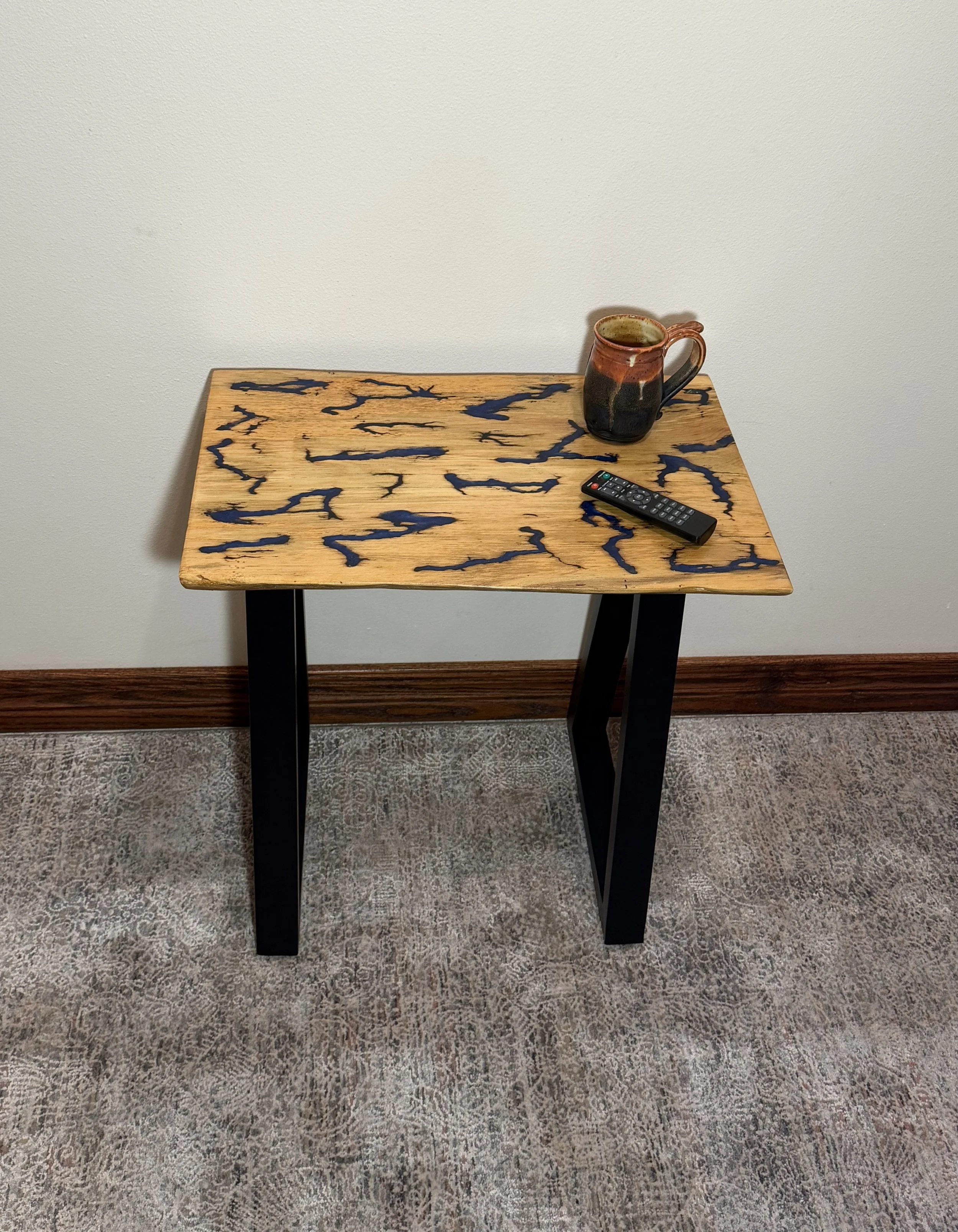Blue Pine Live Edge End/Side/Snack Table with Blue Epoxy Filled Fractural Burned Top and Black Metal Trapezoid Legs