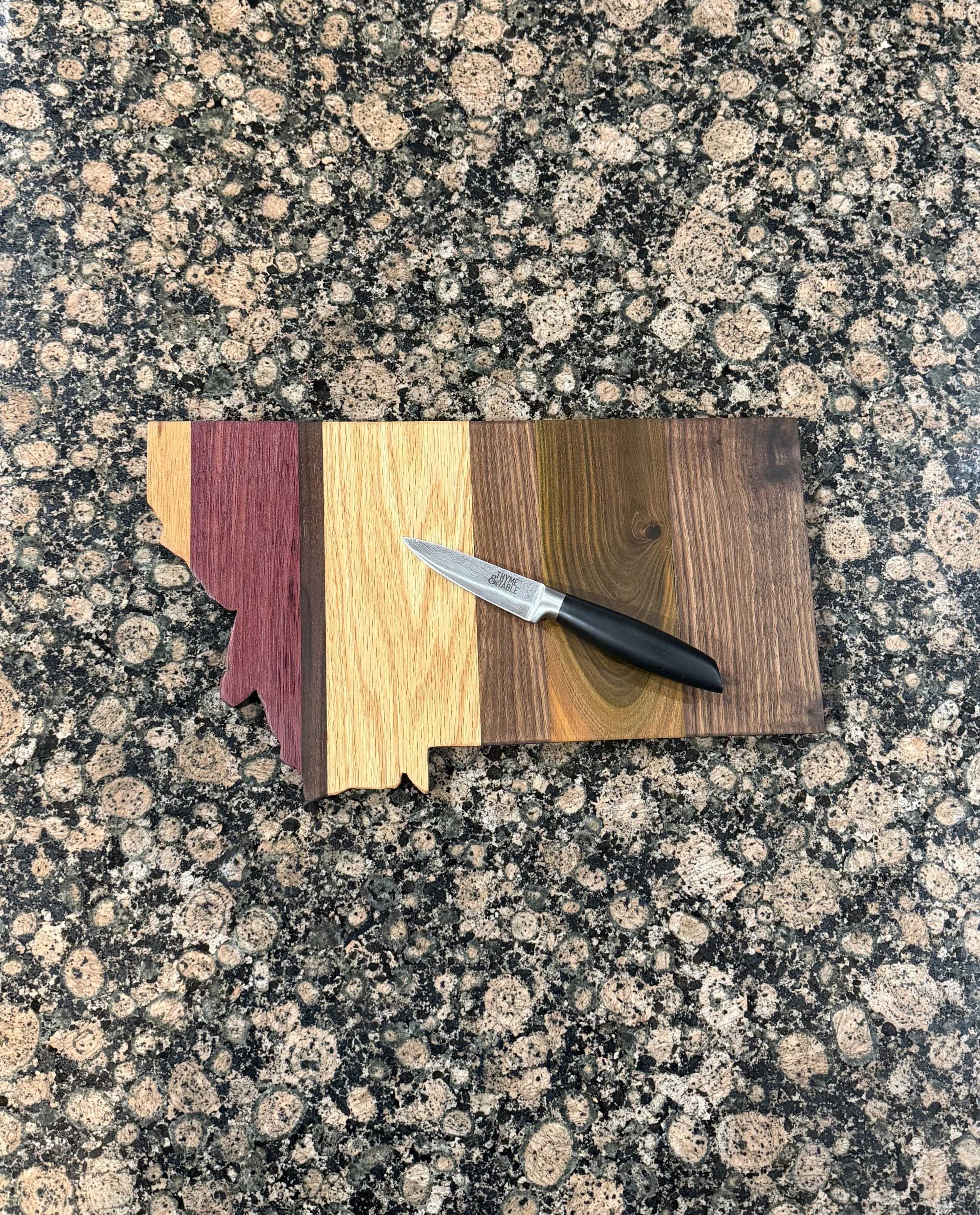 Exotic Purpleheart, Tigerwood, Lignum Vitae, Walnut and Oak Montana Shaped Cutting/Charcuterie Board