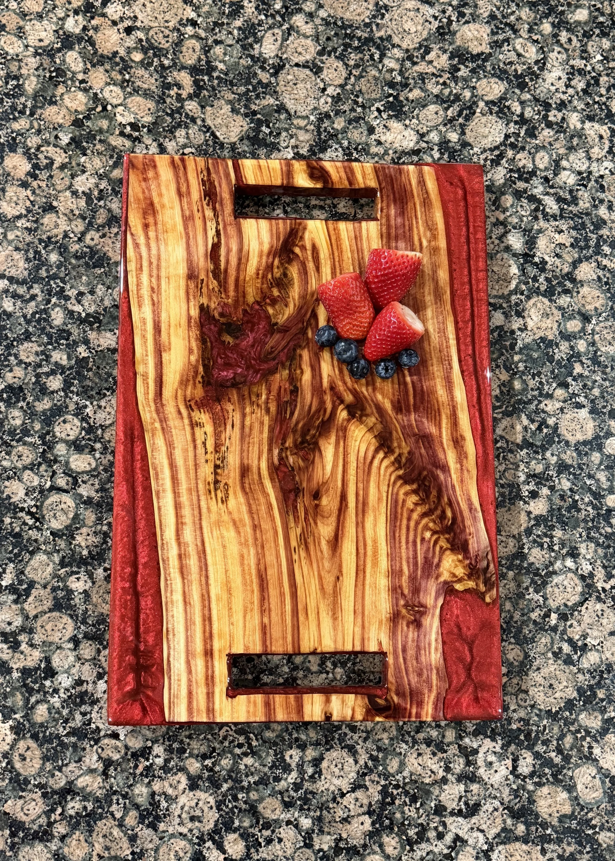 Cedar and Red Epoxy Charcuterie Board with Built In Handles and Rubber Feet
