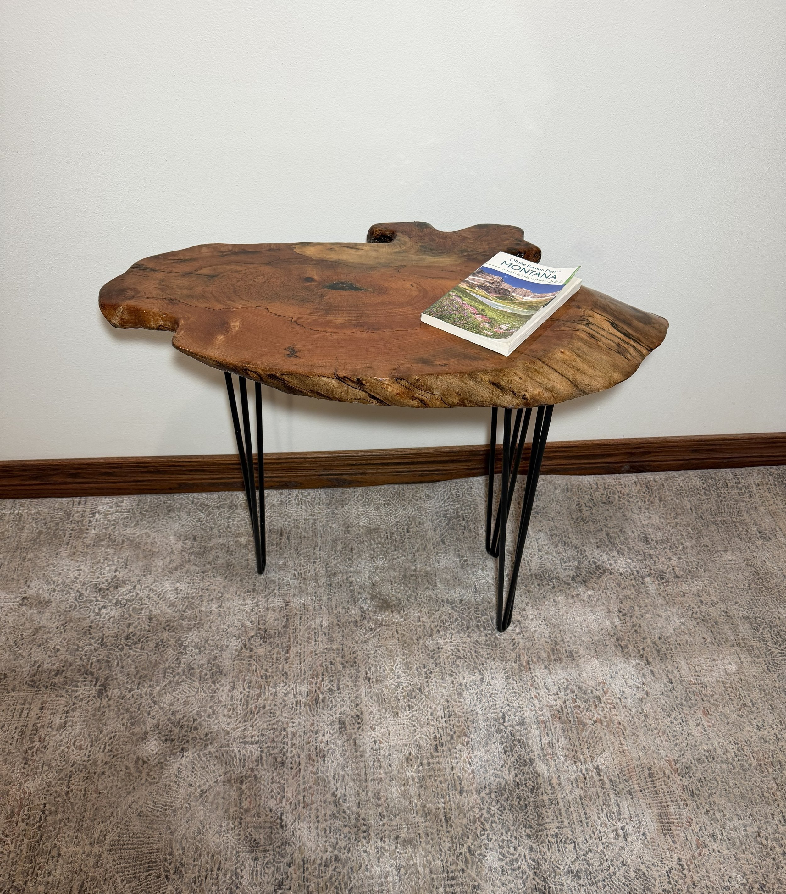 Big Leaf Maple Live Edge End/Side/Snack Table with Black Metal Hairpain Legs