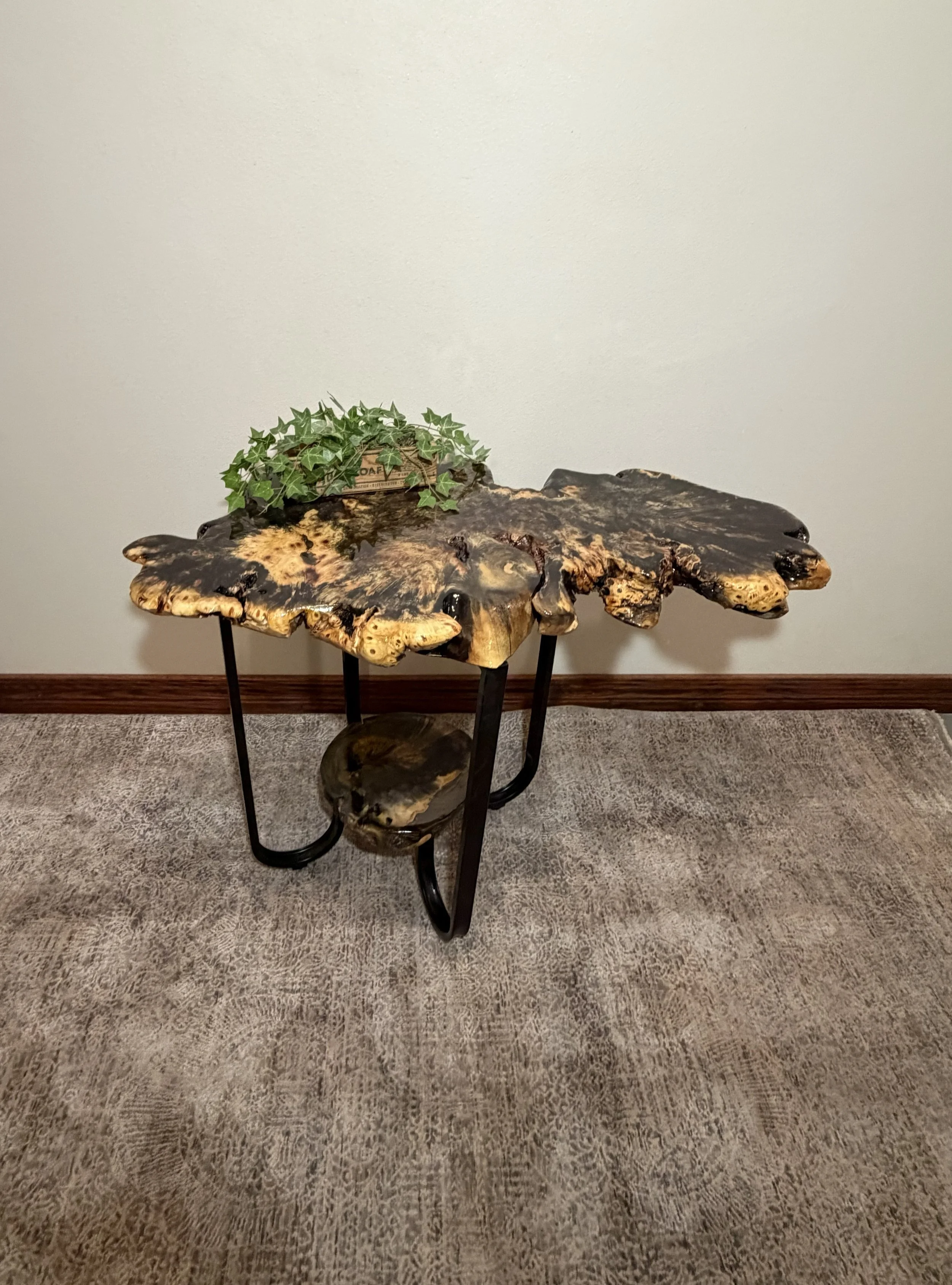 Buckeye End/Side/Snack Table with Epoxy, Shelf and Black Metal Frame
