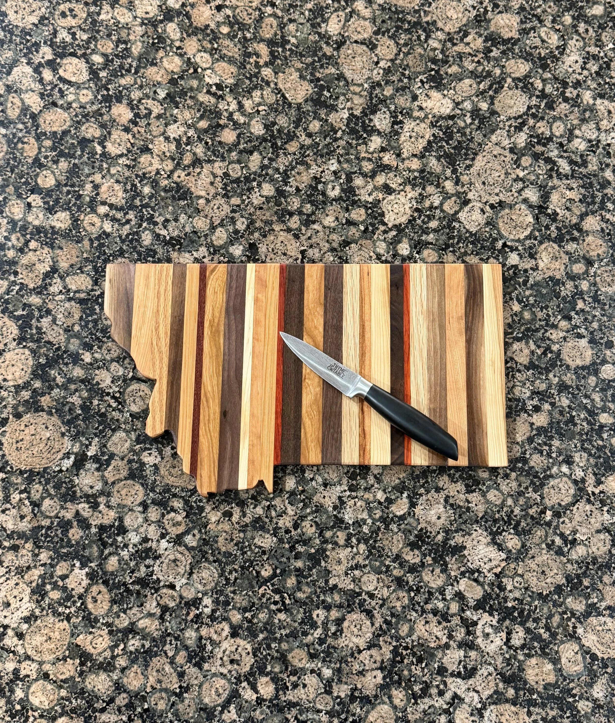 Exotic Padauk, Cherry, Maple, Oak and Walnut Montana Shaped Cutting/Charcuterie Board