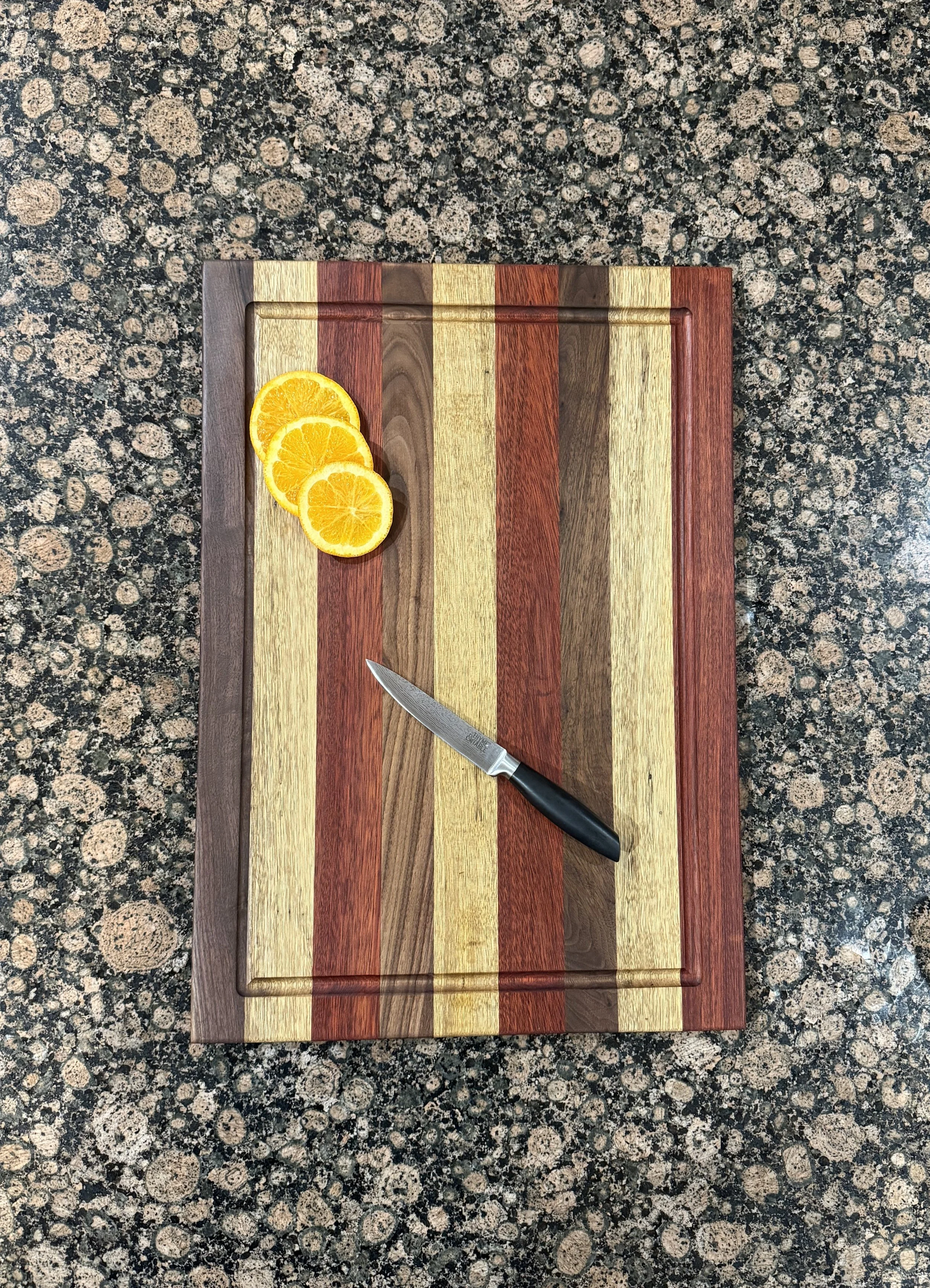 Exotic Bloodwood, White Limba and Walnut Cutting/Charcuterie Board with Juice Groove