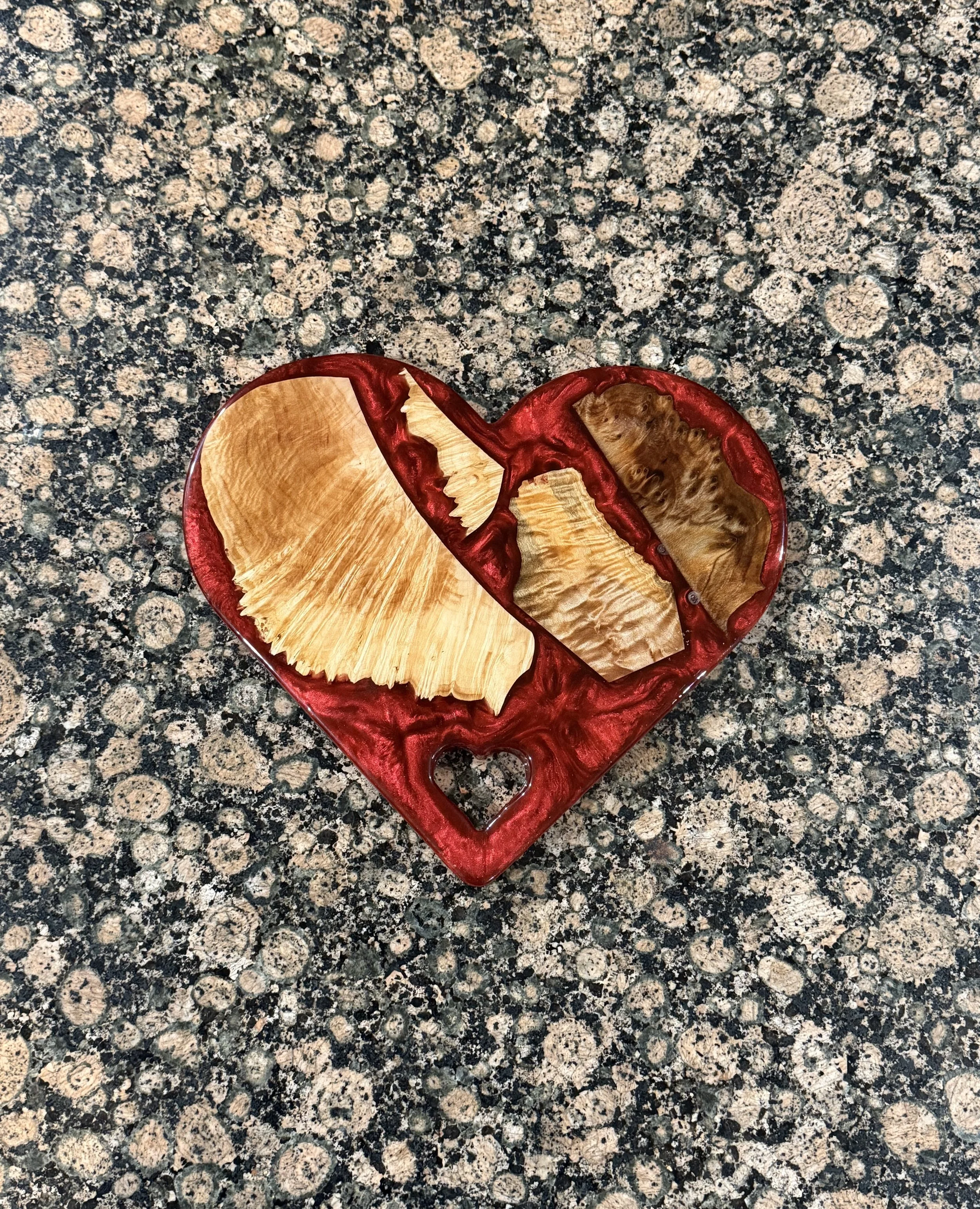 Red Heart Epoxy and Big Leaf Maple Charcuterie Board with Heart Cut Out