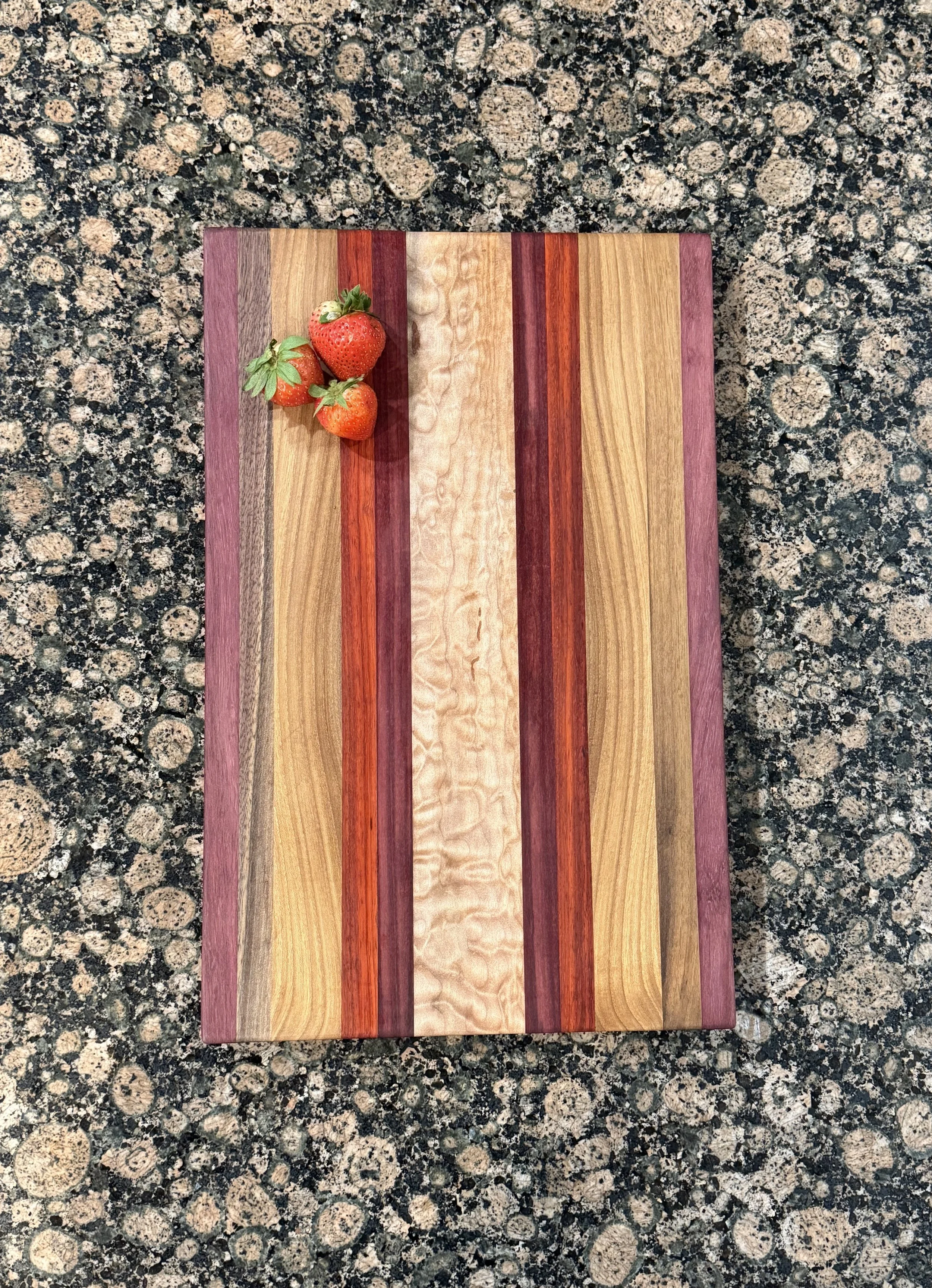 Exotic Padauk, Purpleheart, Curly Maple, Cherry and Walnut Cutting/Charcuterie Board