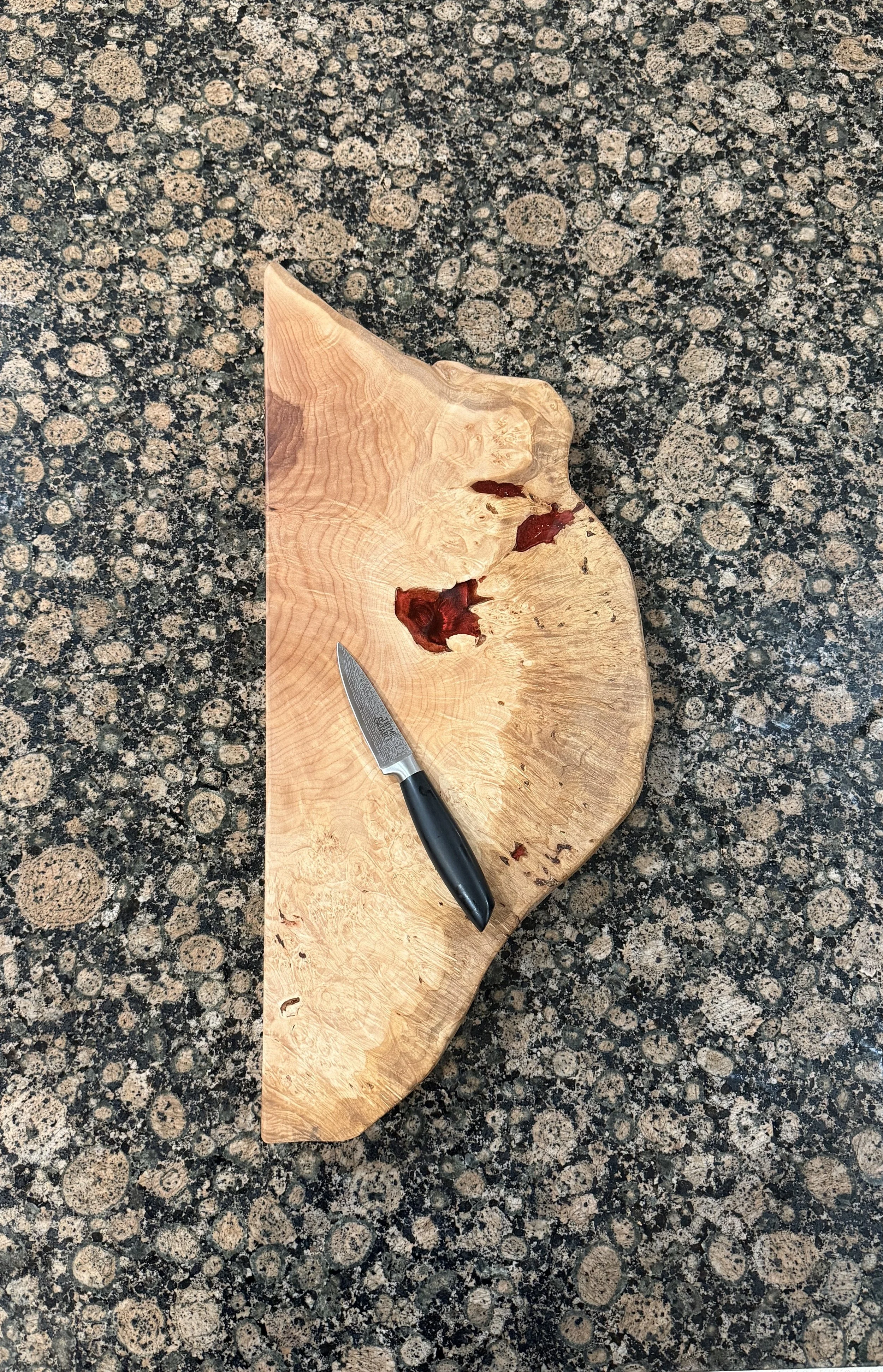 Large Birdseye Maple Burl Live Edge Cutting/Charcuterie Board with Red Epoxy Inserts