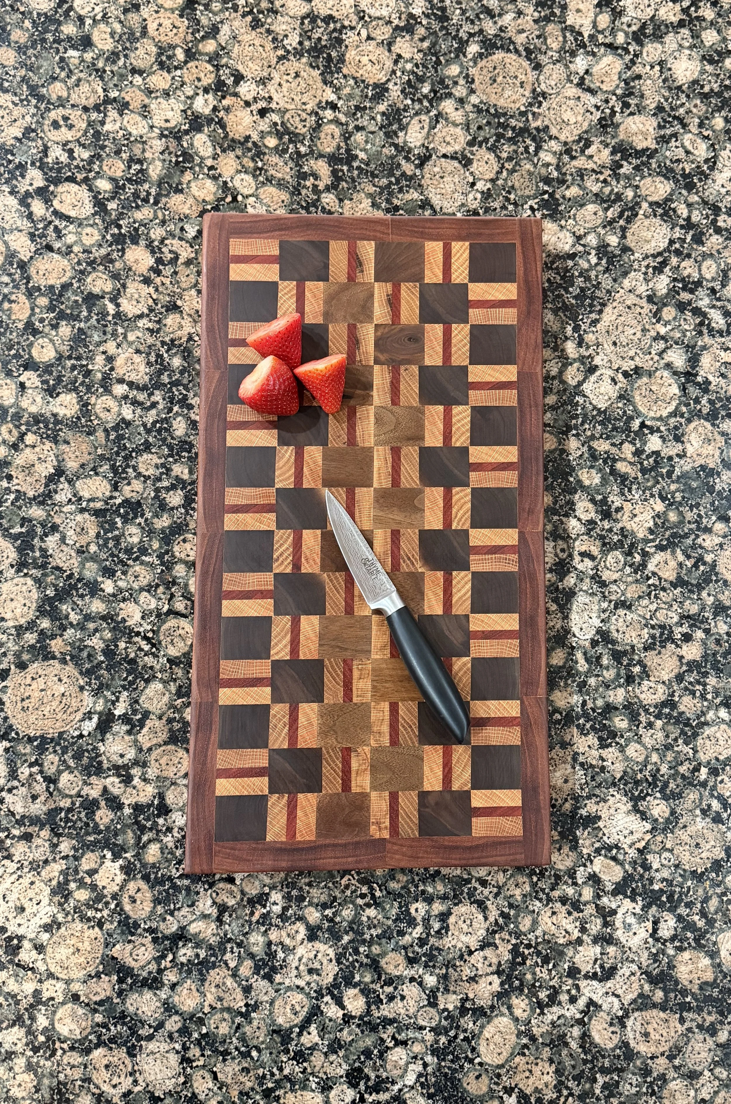 Exotic Padauk, Walnut and Oak End Grain Cutting/Charcuterie Board with Brazilian Rosewood Border