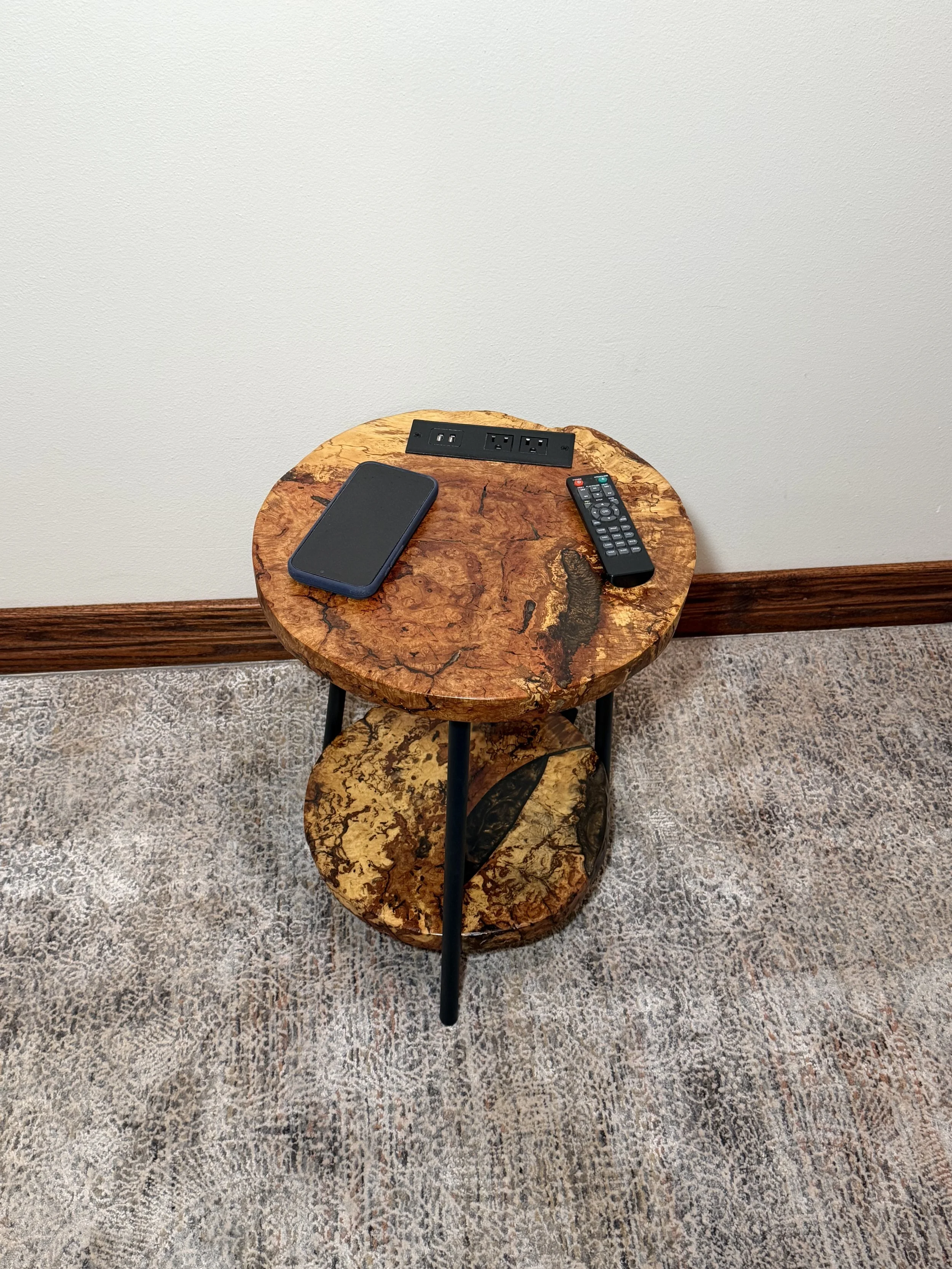 Spalted Oak End/Side/Snack Table with Brown Epoxy, Spalted Oak Wood Shelf, Electrical and USB Outlets and Black Metal Legs